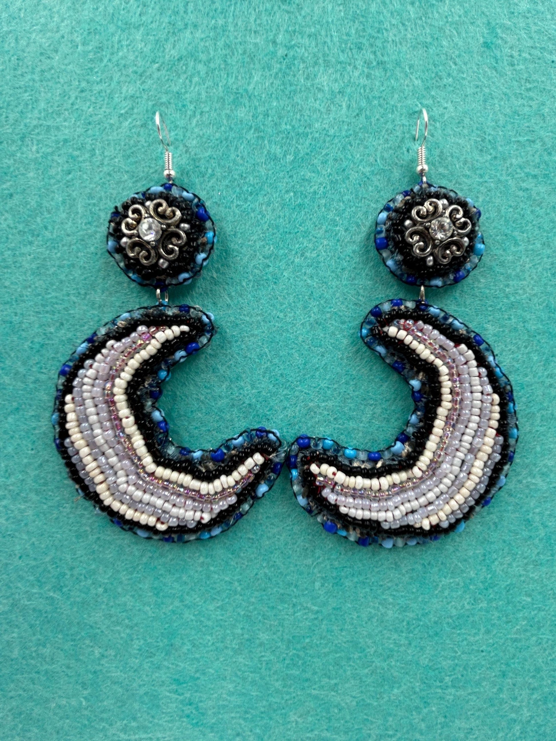Bead Embroidered Moon Earrings | Upcycled Boho Crescent Jewelry