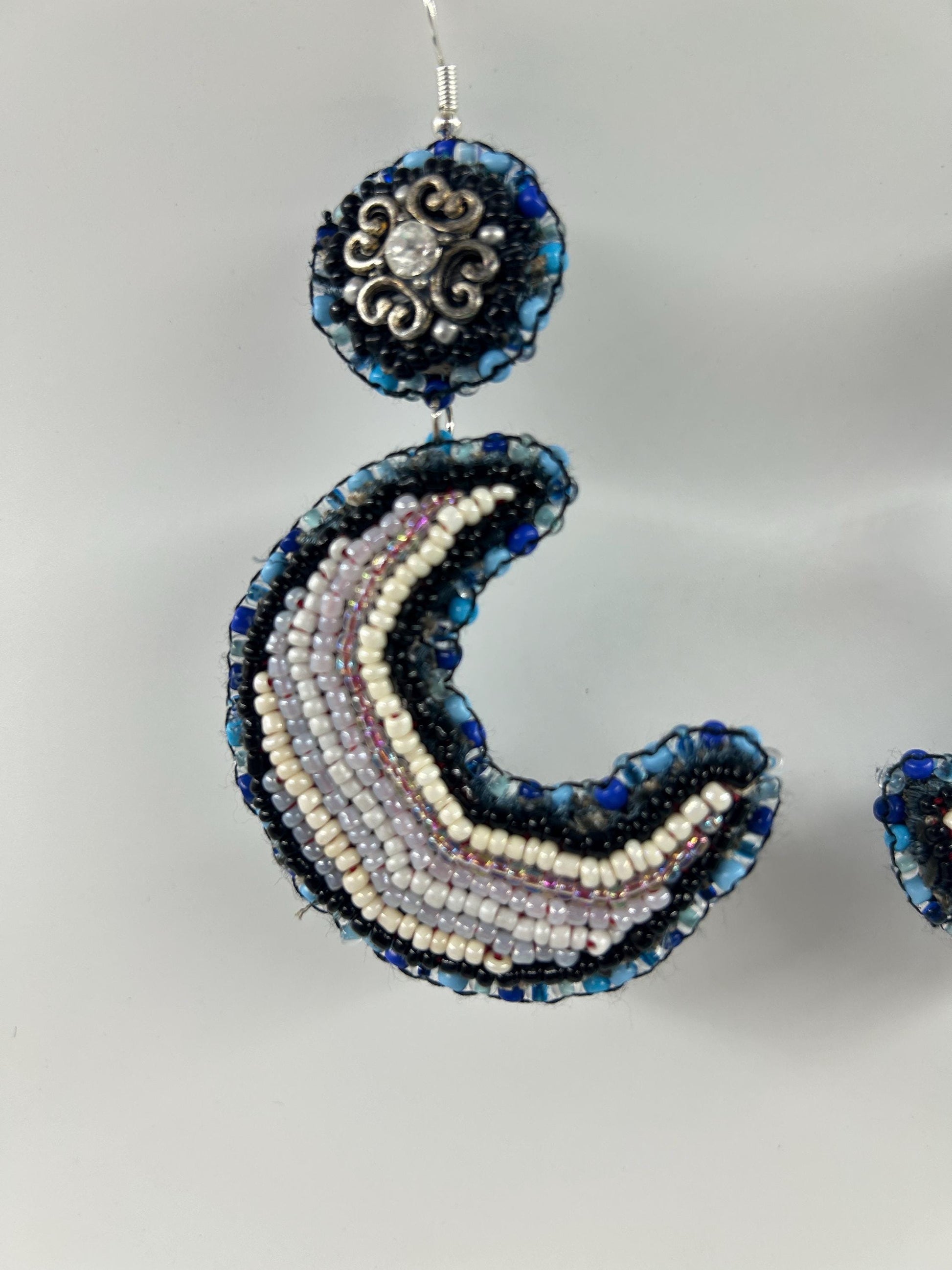 Bead Embroidered Moon Earrings | Upcycled Boho Crescent Jewelry