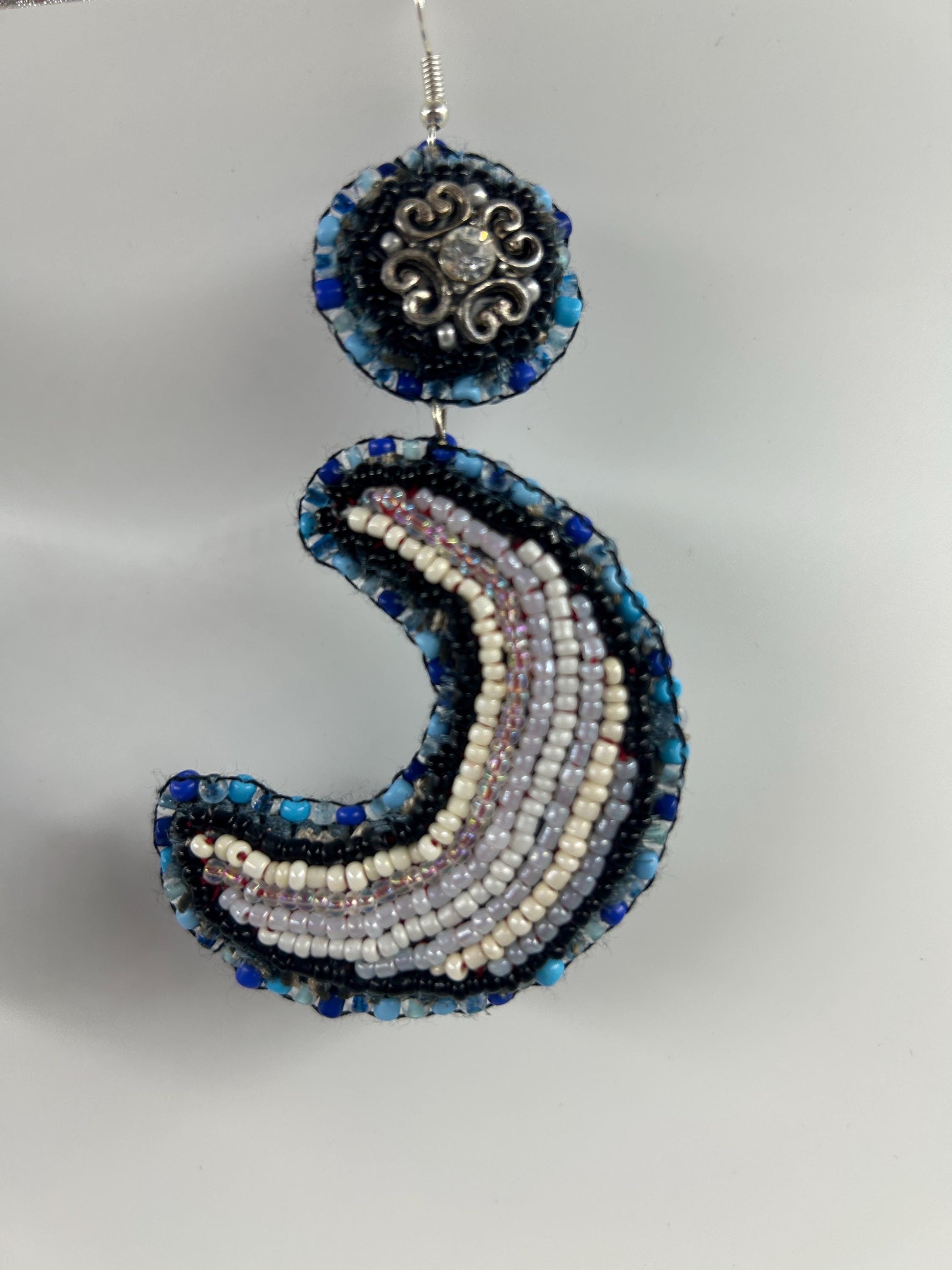 Bead Embroidered Moon Earrings | Upcycled Boho Crescent Jewelry