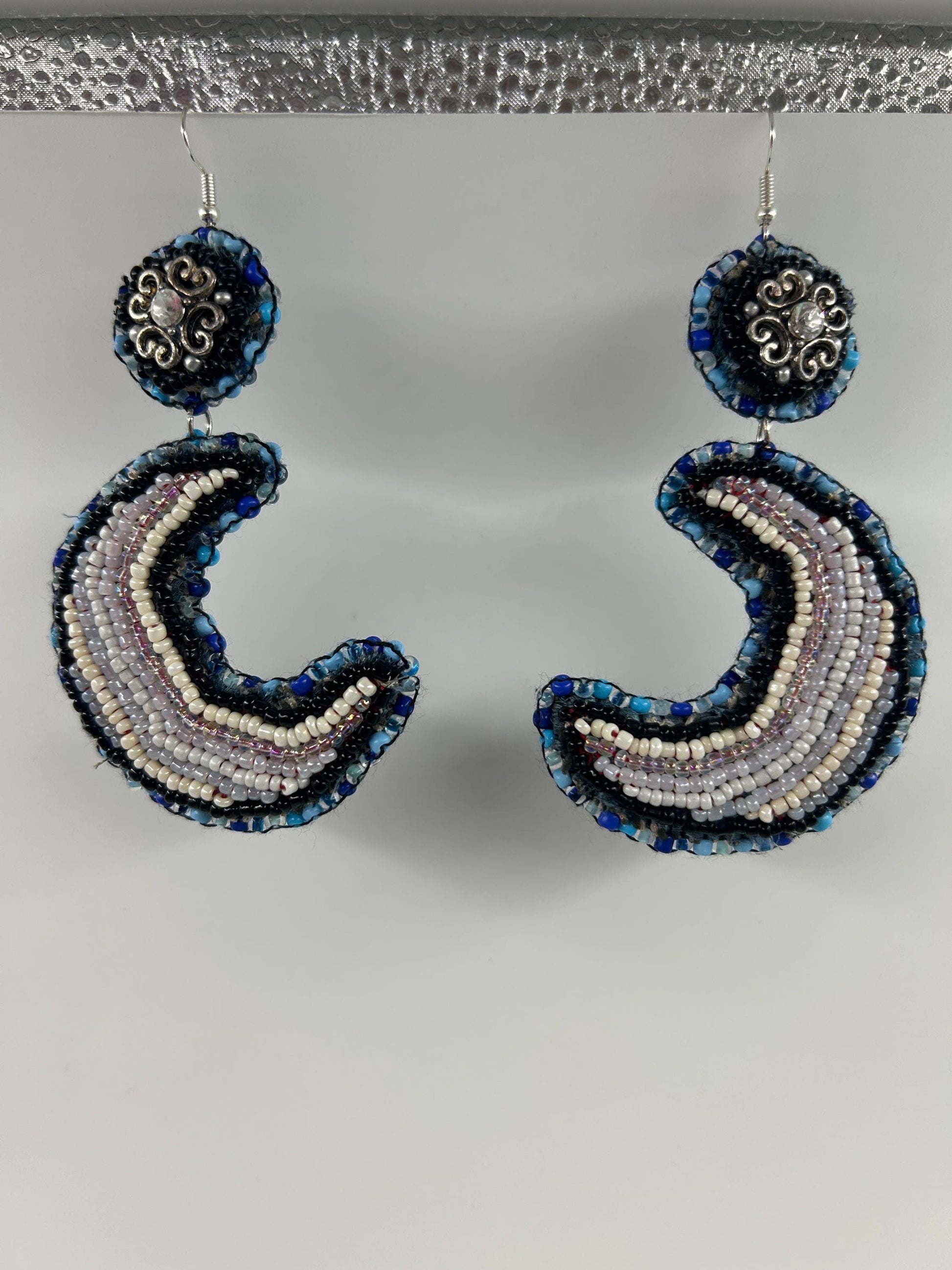 Bead Embroidered Moon Earrings | Upcycled Boho Crescent Jewelry