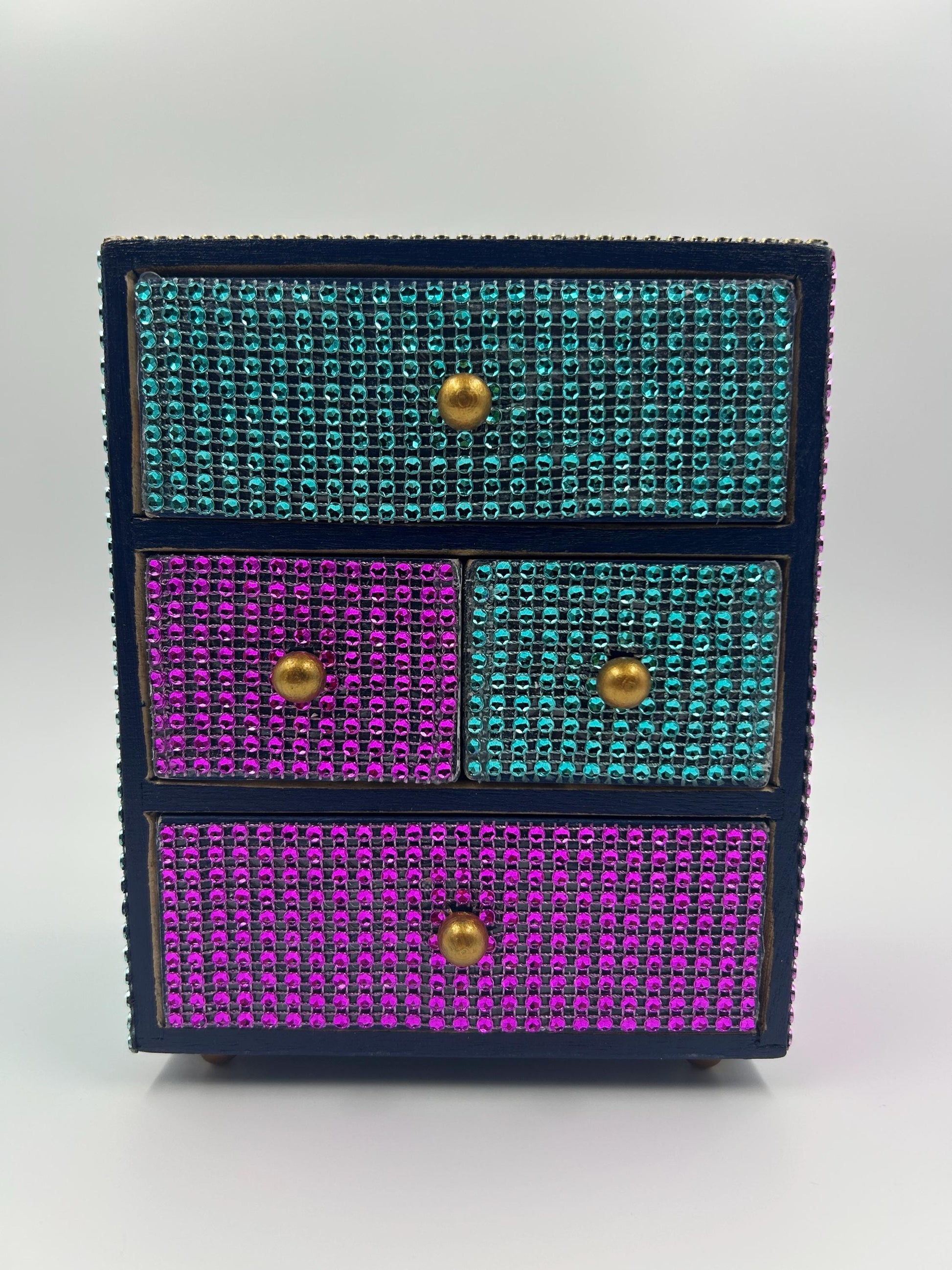 Bedazzled Jewelry Box with Drawers | Hand-Painted Navy Wood | Floral & Felt Lined