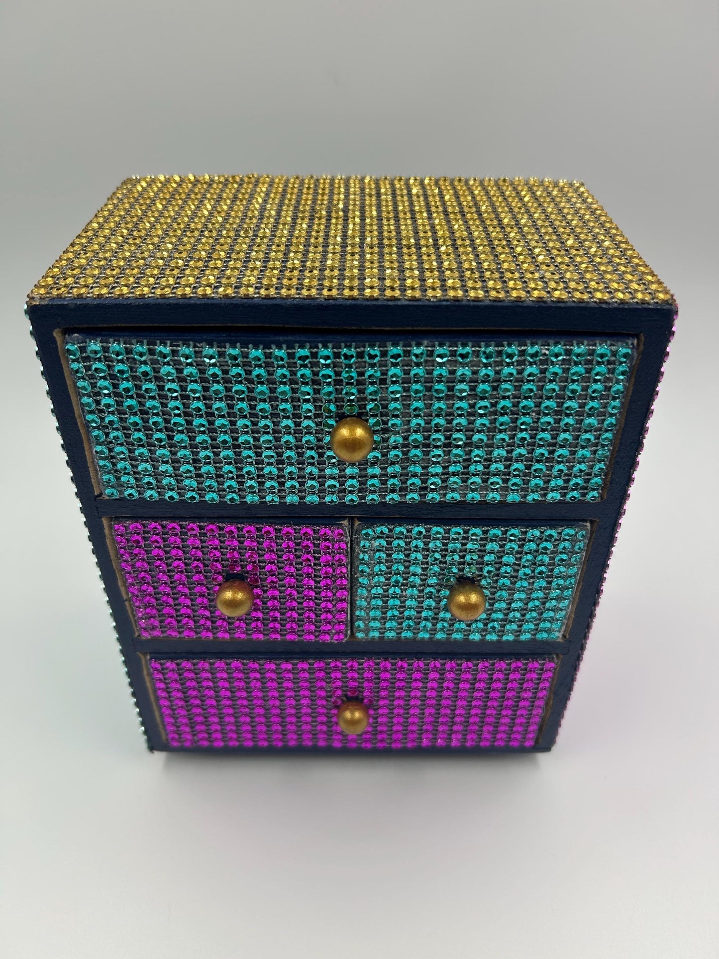 Bedazzled Jewelry Box with Drawers | Hand-Painted Navy Wood | Floral & Felt Lined