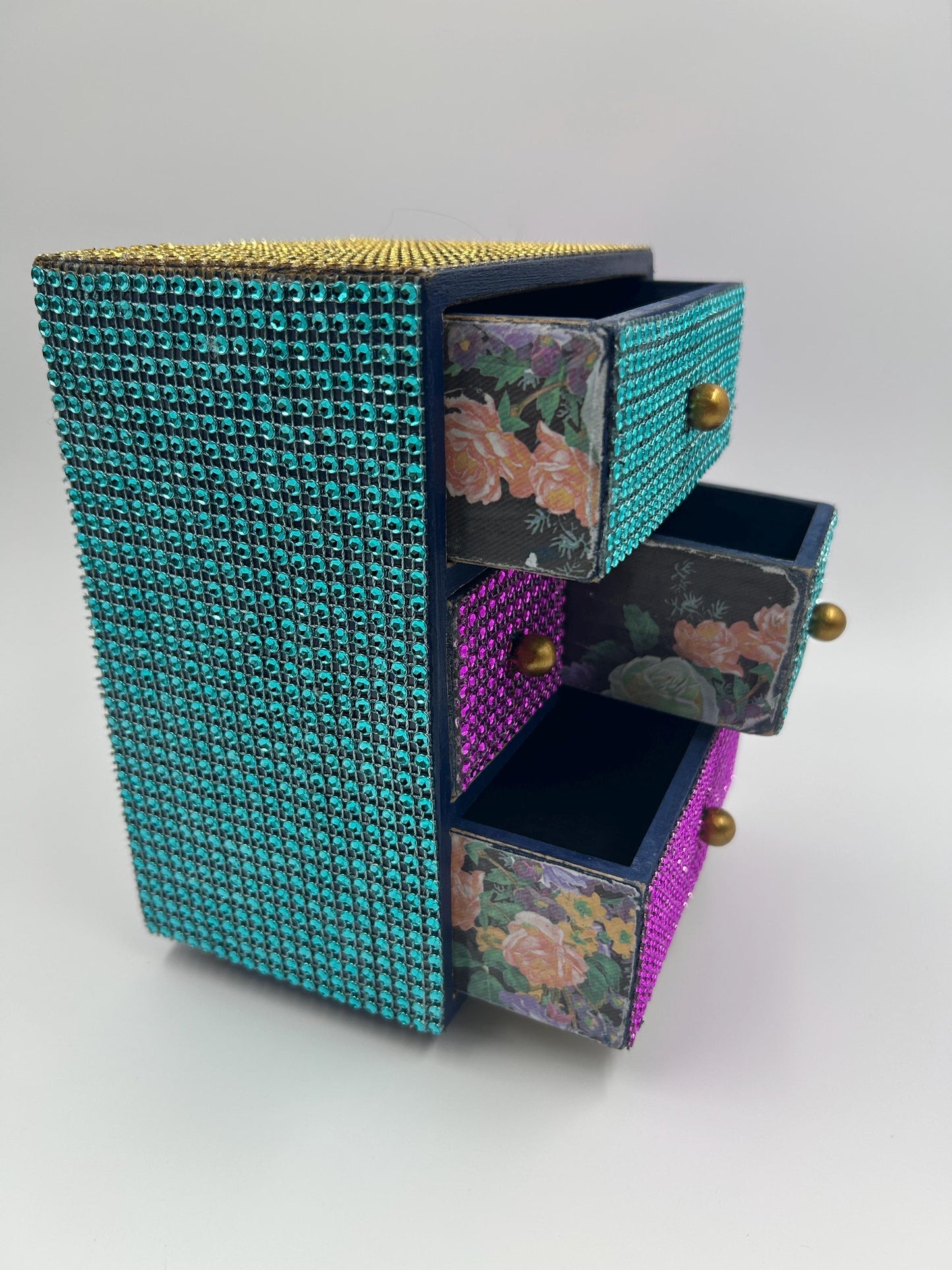 Bedazzled Jewelry Box with Drawers | Hand-Painted Navy Wood | Floral & Felt Lined