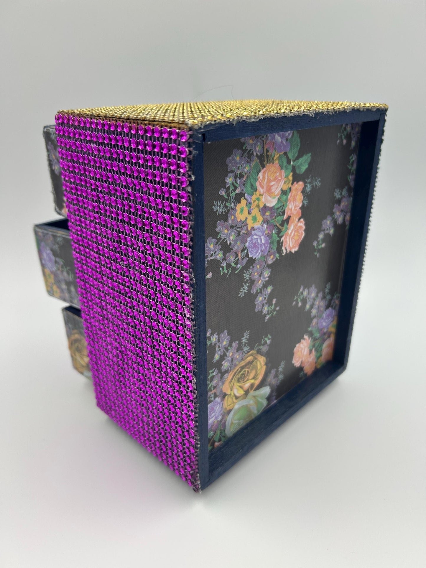 Bedazzled Jewelry Box with Drawers | Hand-Painted Navy Wood | Floral & Felt Lined