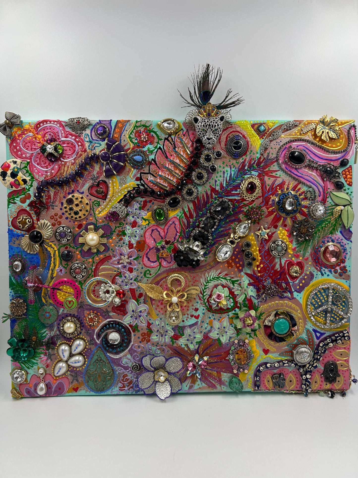 Betsey Johnson Inspired Jewelry Collage Art | Upcycled Mixed Media Canvas