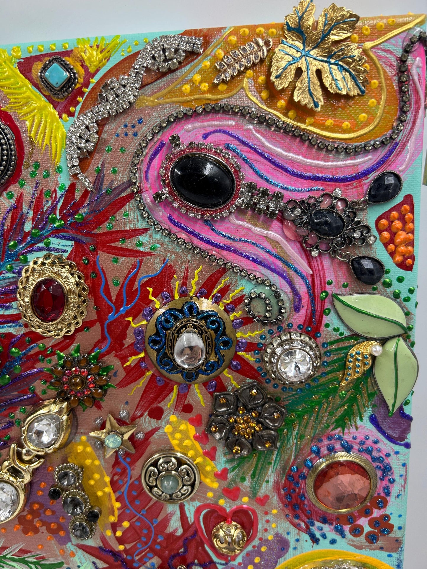 Betsey Johnson Inspired Jewelry Collage Art | Upcycled Mixed Media Canvas