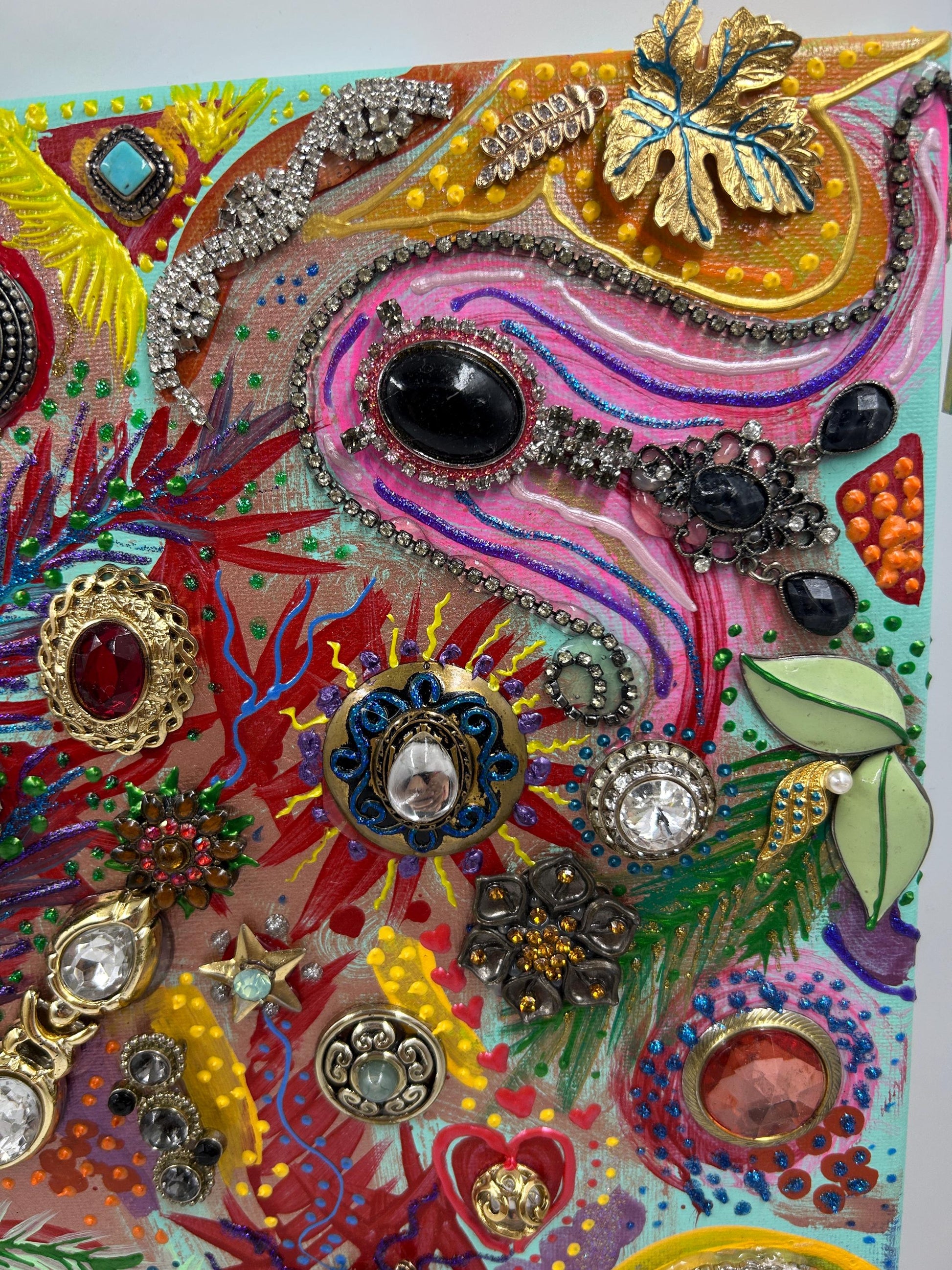 Betsey Johnson Inspired Jewelry Collage Art | Upcycled Mixed Media Canvas