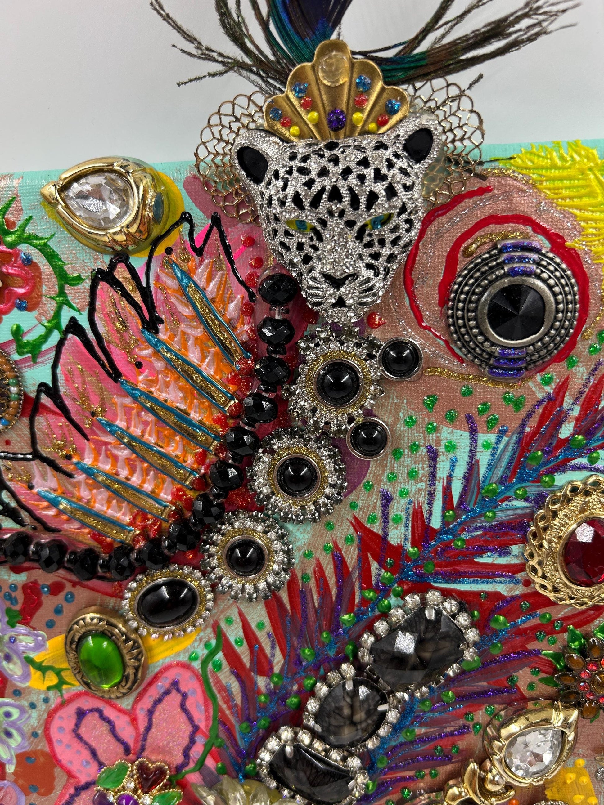 Betsey Johnson Inspired Jewelry Collage Art | Upcycled Mixed Media Canvas