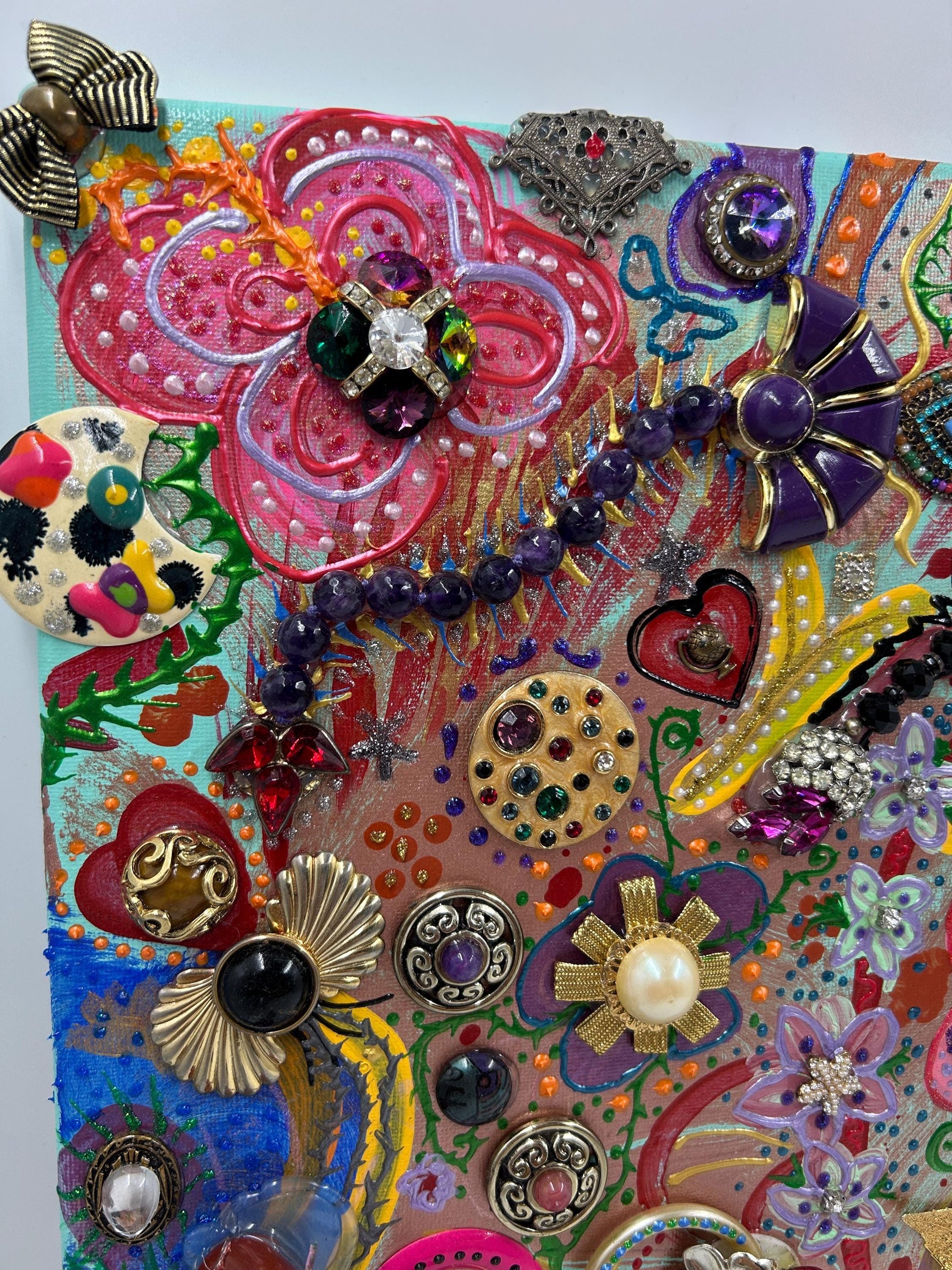 Betsey Johnson Inspired Jewelry Collage Art | Upcycled Mixed Media Canvas