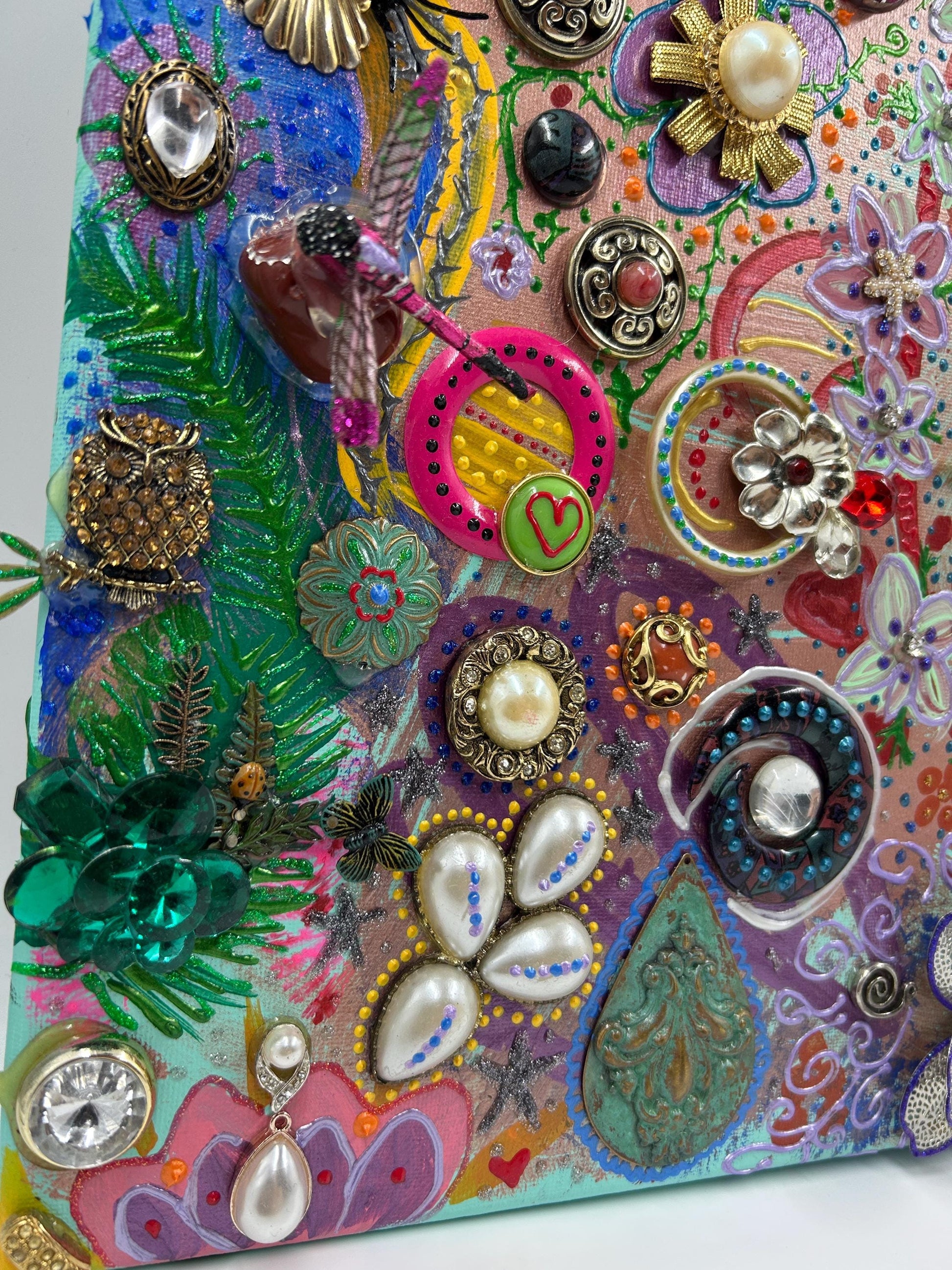 Betsey Johnson Inspired Jewelry Collage Art | Upcycled Mixed Media Canvas