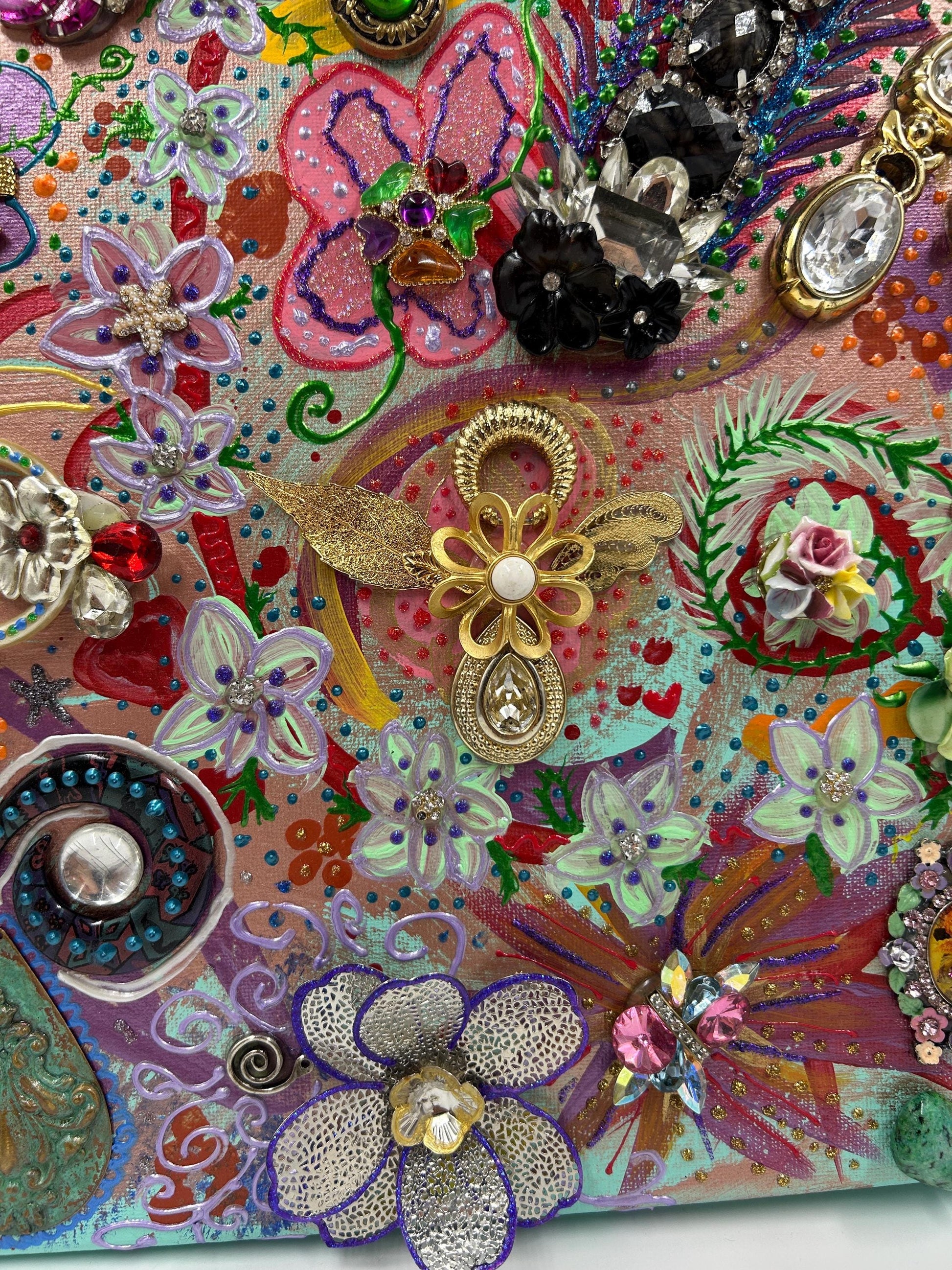 Betsey Johnson Inspired Jewelry Collage Art | Upcycled Mixed Media Canvas