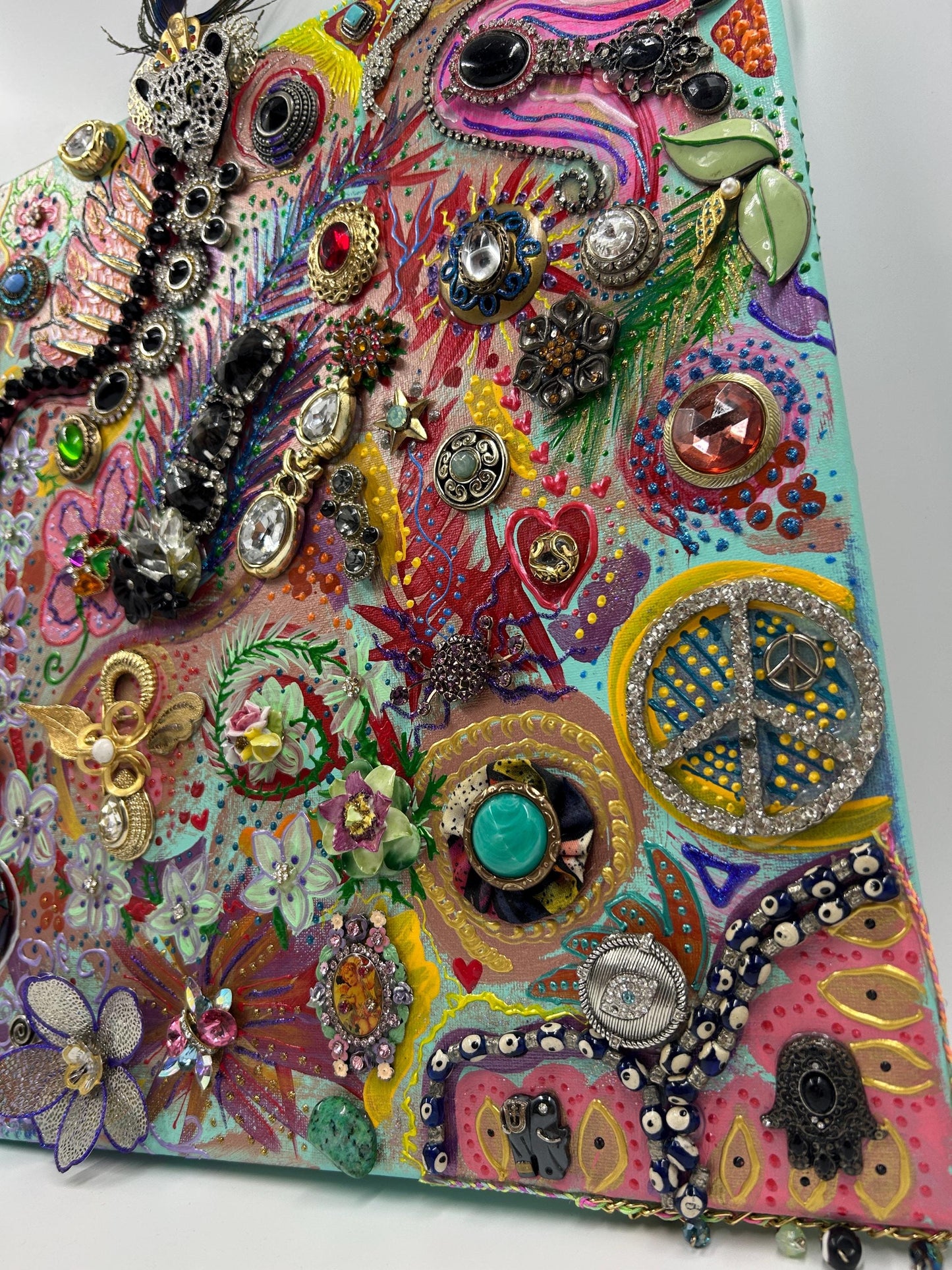 Betsey Johnson Inspired Jewelry Collage Art | Upcycled Mixed Media Canvas