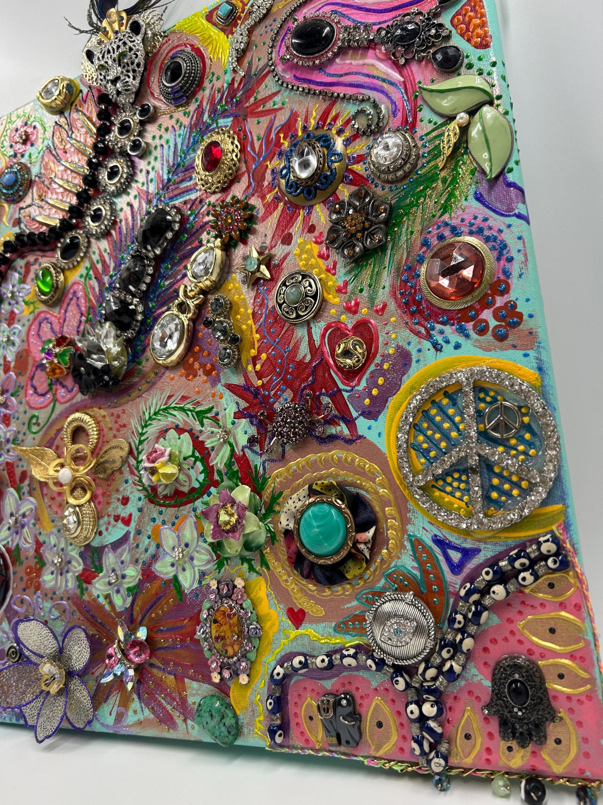 Betsey Johnson Inspired Jewelry Collage Art | Upcycled Mixed Media Canvas
