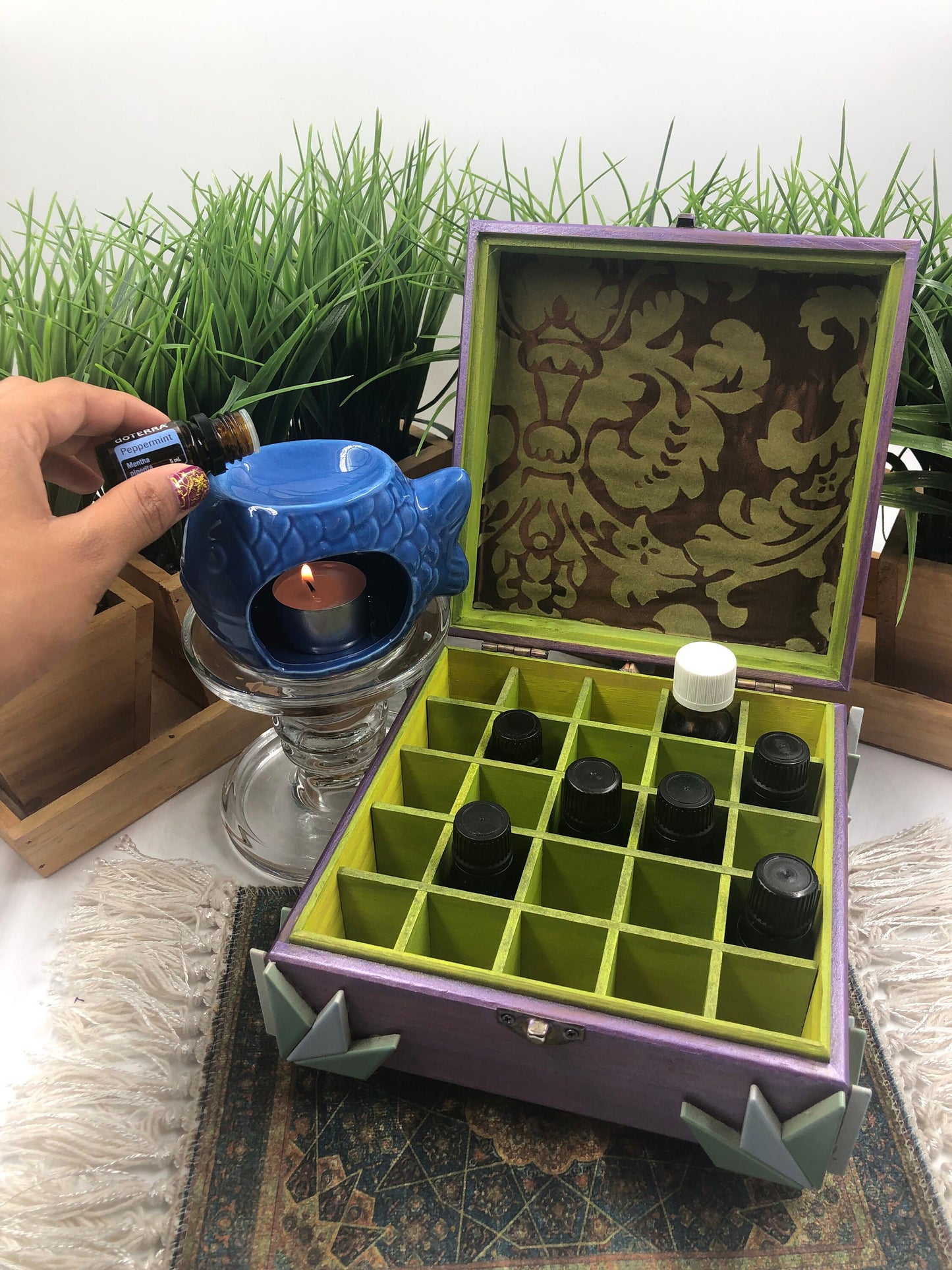 Handmade Purple Essential Oil Storage Box | Wooden Aromatherapy Organizer