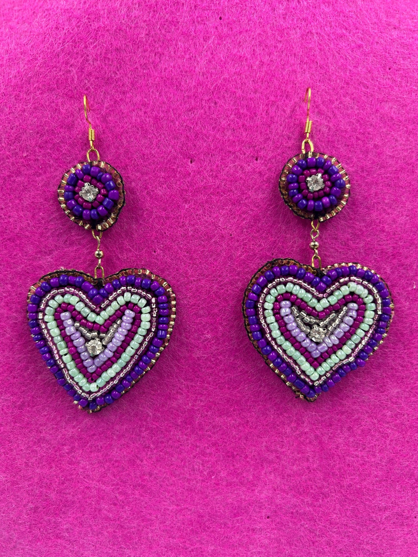 Heart Earrings Bead Embroidered  | Handmade Seed Bead Jewelry | Lavender Velvet Backing