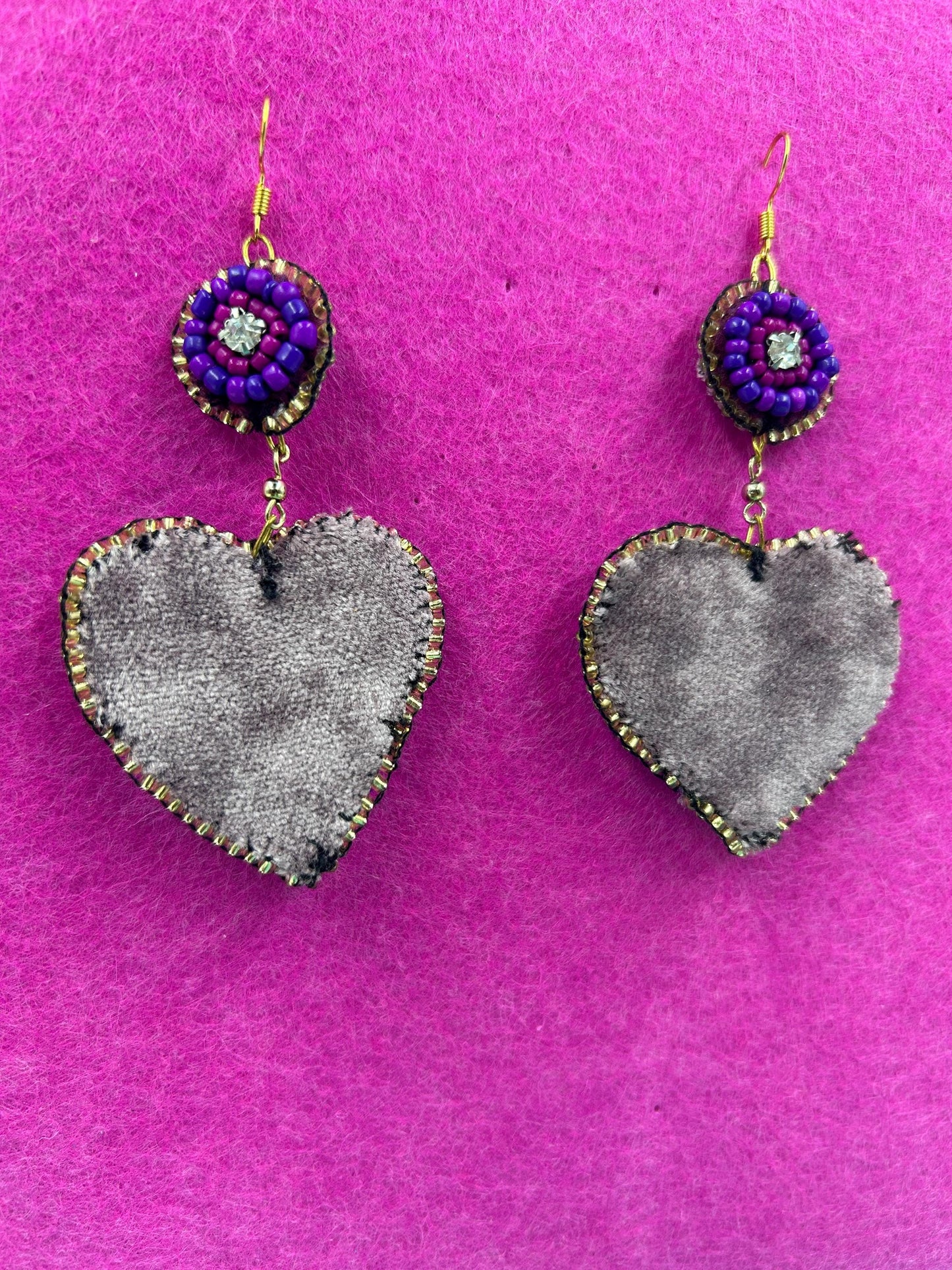 Heart Earrings Bead Embroidered  | Handmade Seed Bead Jewelry | Lavender Velvet Backing