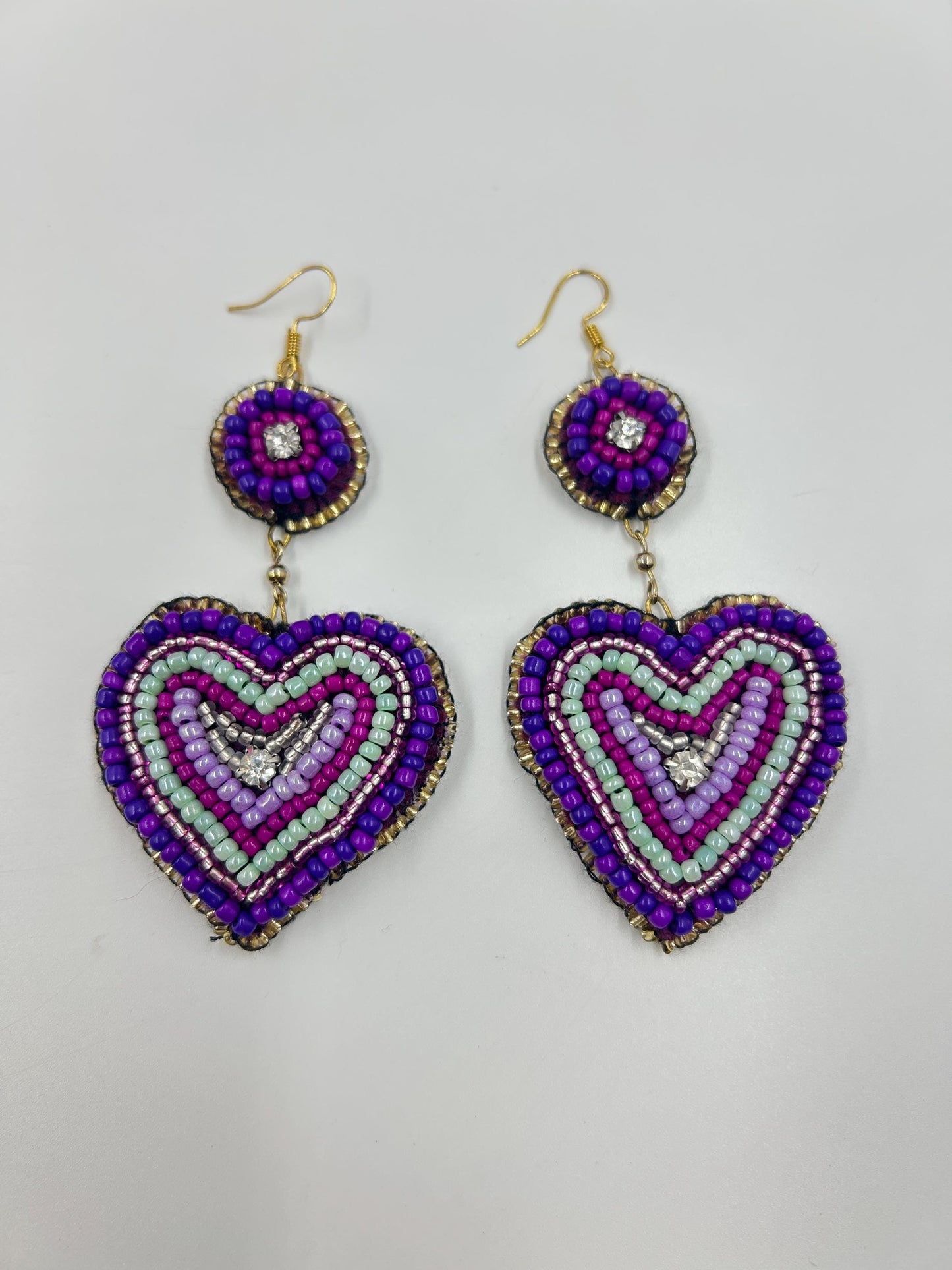 Heart Earrings Bead Embroidered  | Handmade Seed Bead Jewelry | Lavender Velvet Backing