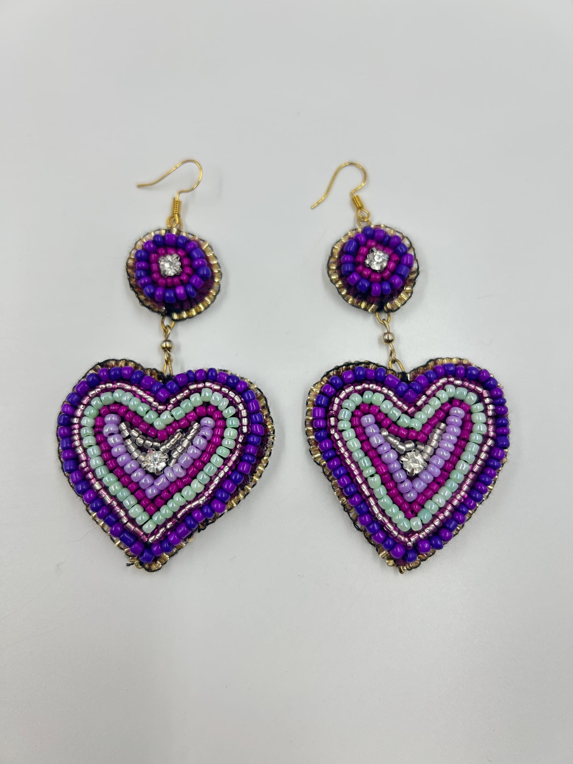 Heart Earrings Bead Embroidered  | Handmade Seed Bead Jewelry | Lavender Velvet Backing
