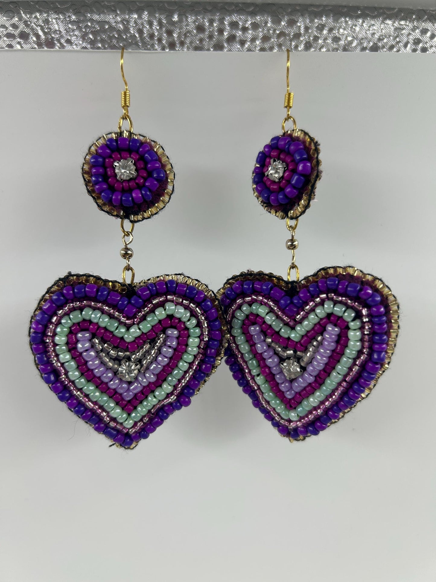 Heart Earrings Bead Embroidered  | Handmade Seed Bead Jewelry | Lavender Velvet Backing