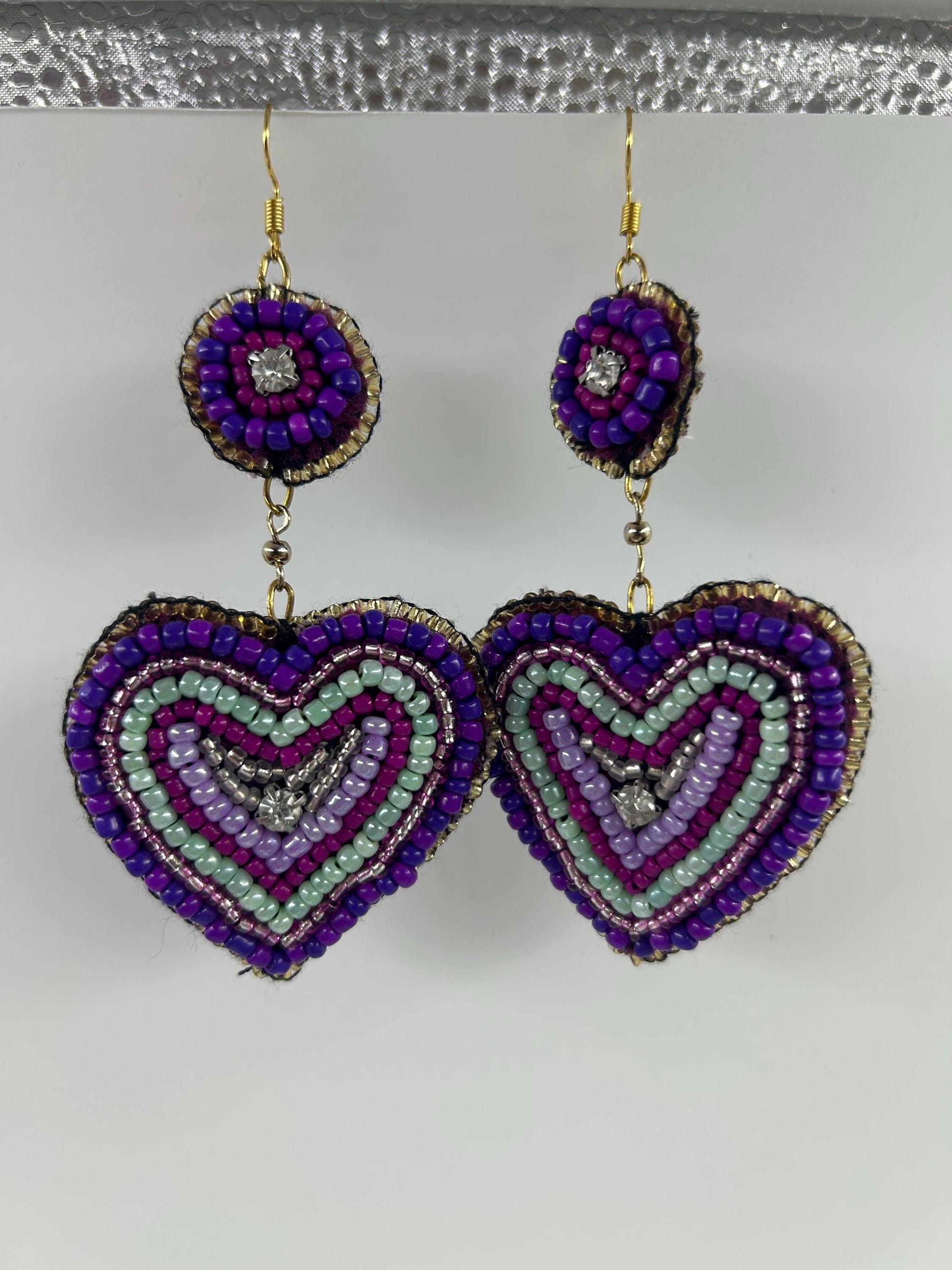 Heart Earrings Bead Embroidered  | Handmade Seed Bead Jewelry | Lavender Velvet Backing