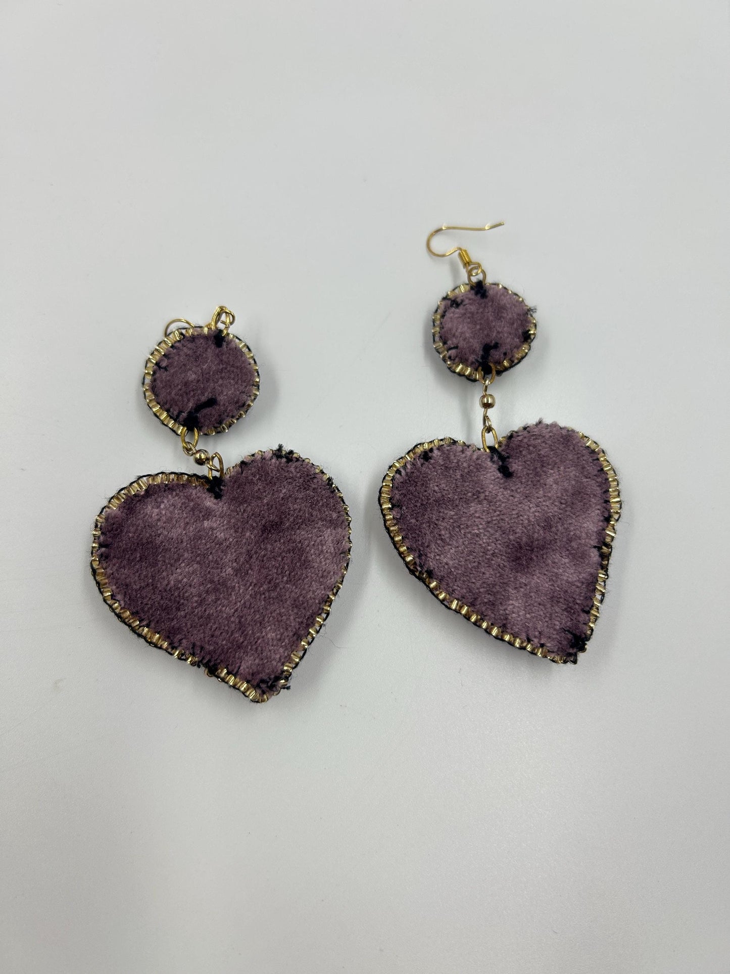 Heart Earrings Bead Embroidered  | Handmade Seed Bead Jewelry | Lavender Velvet Backing