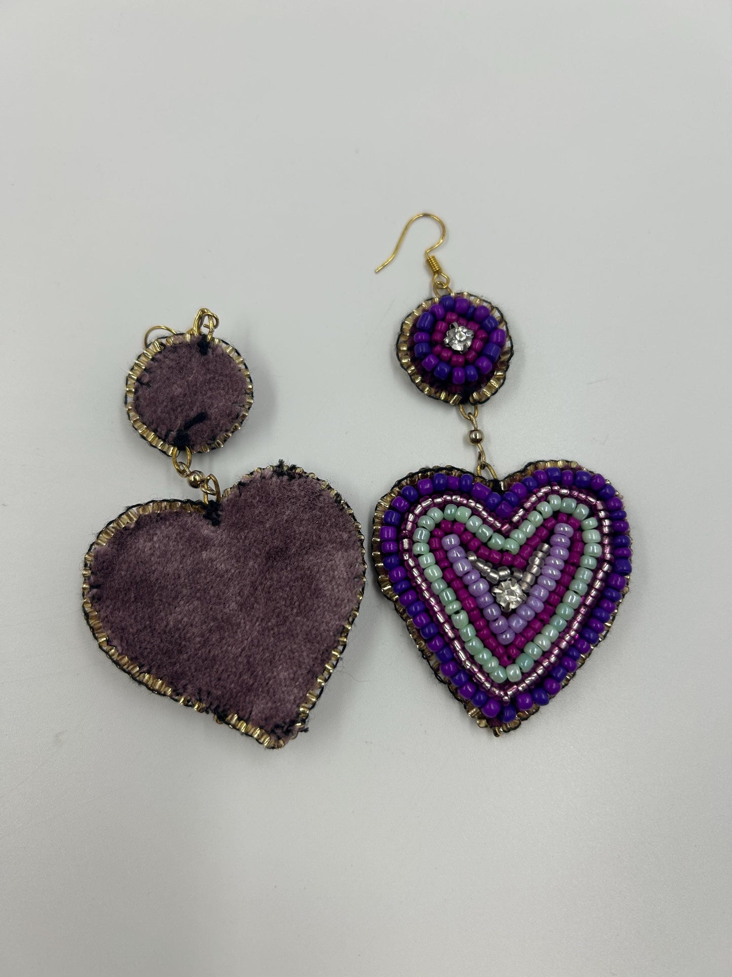 Heart Earrings Bead Embroidered  | Handmade Seed Bead Jewelry | Lavender Velvet Backing