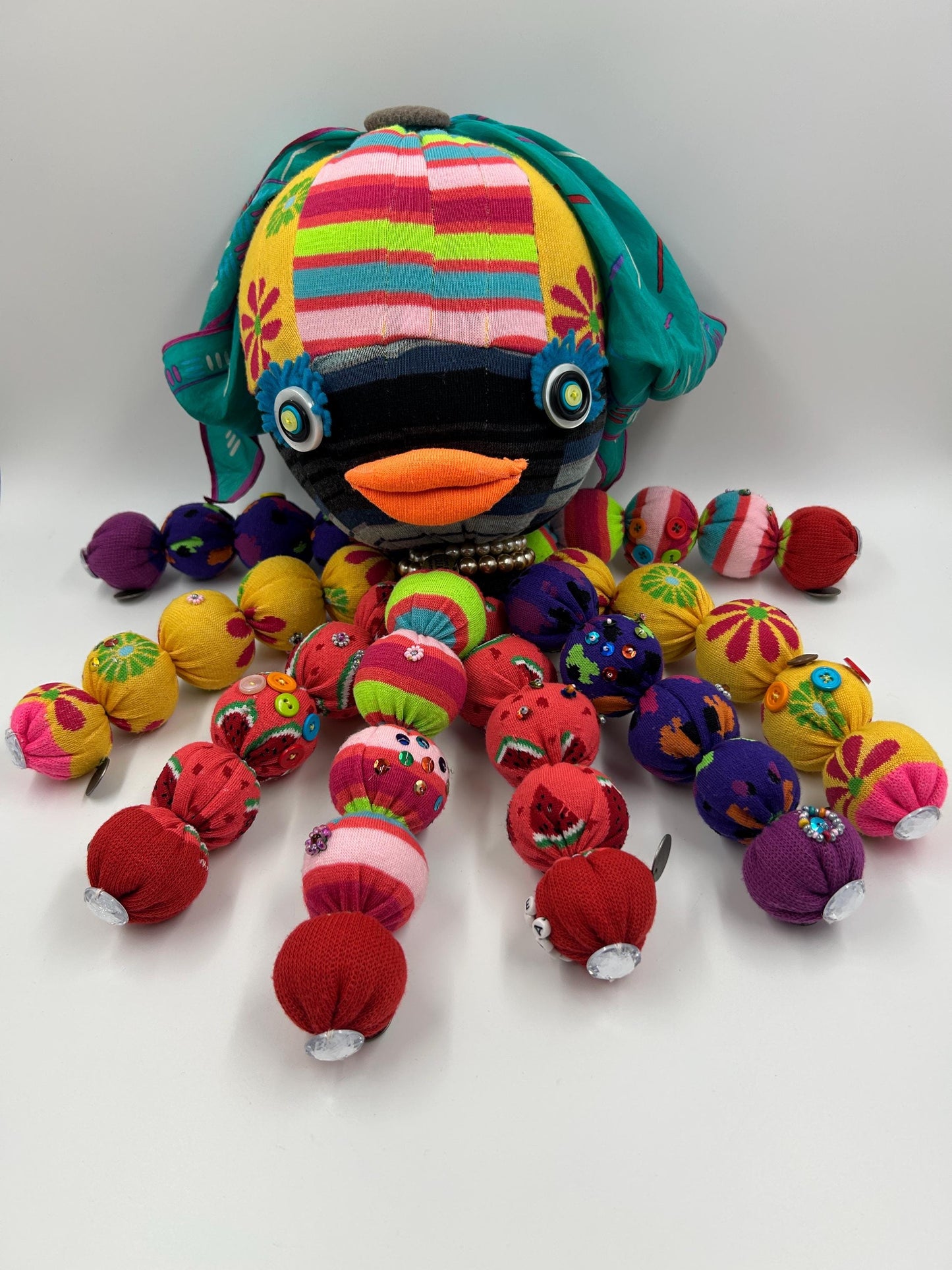 Lady Lola Socktopus | Handmade Octopus Plush | Bead Embroidered & Upcycled Sock Art