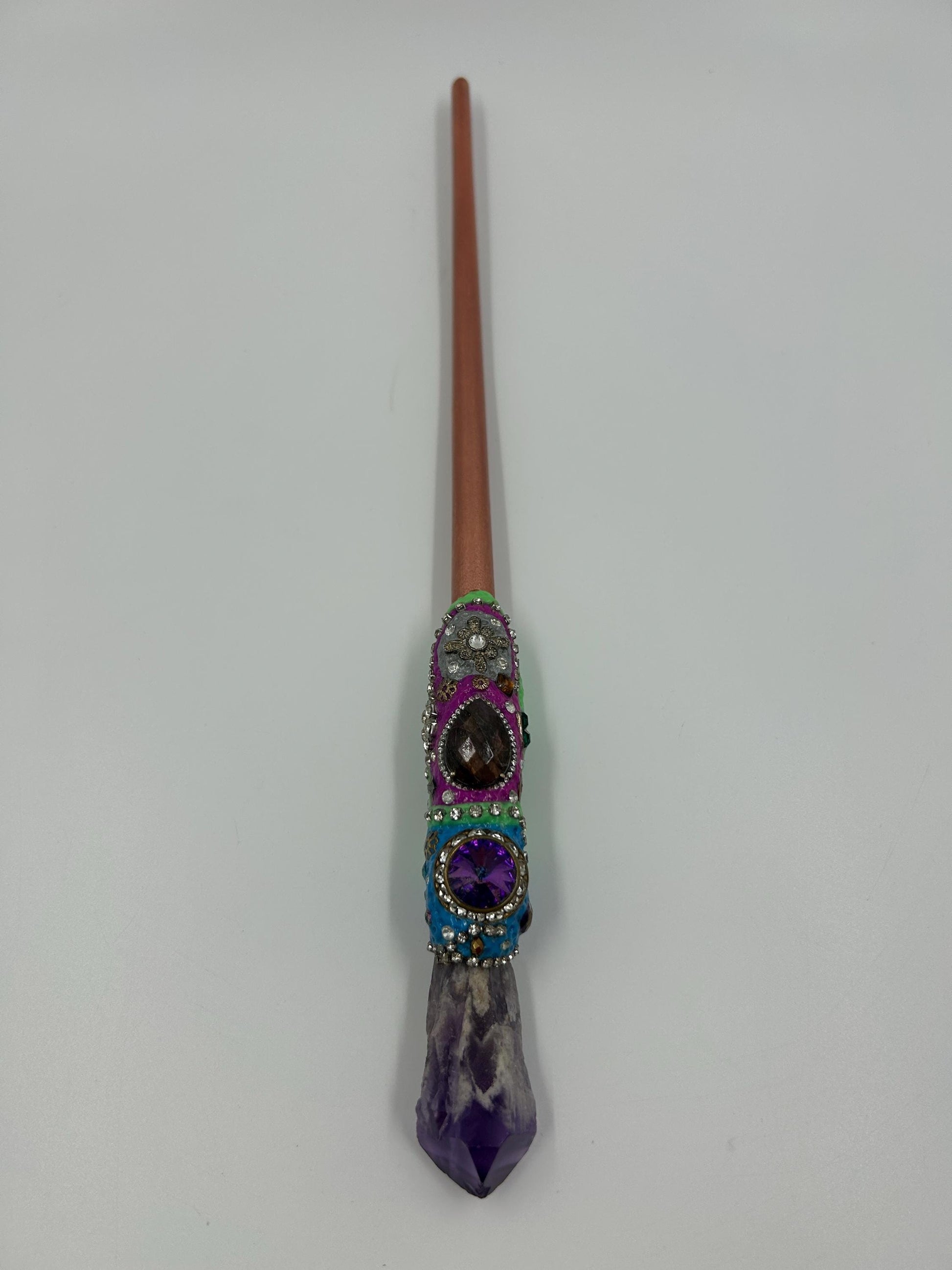 Magic Amethyst Crystal Wand | Upcycled Paintbrush Handle | Polymer Clay & Jewelry Embedded