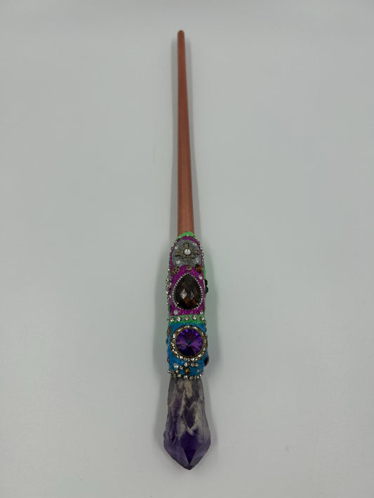 Magic Amethyst Crystal Wand | Upcycled Paintbrush Handle | Polymer Clay & Jewelry Embedded