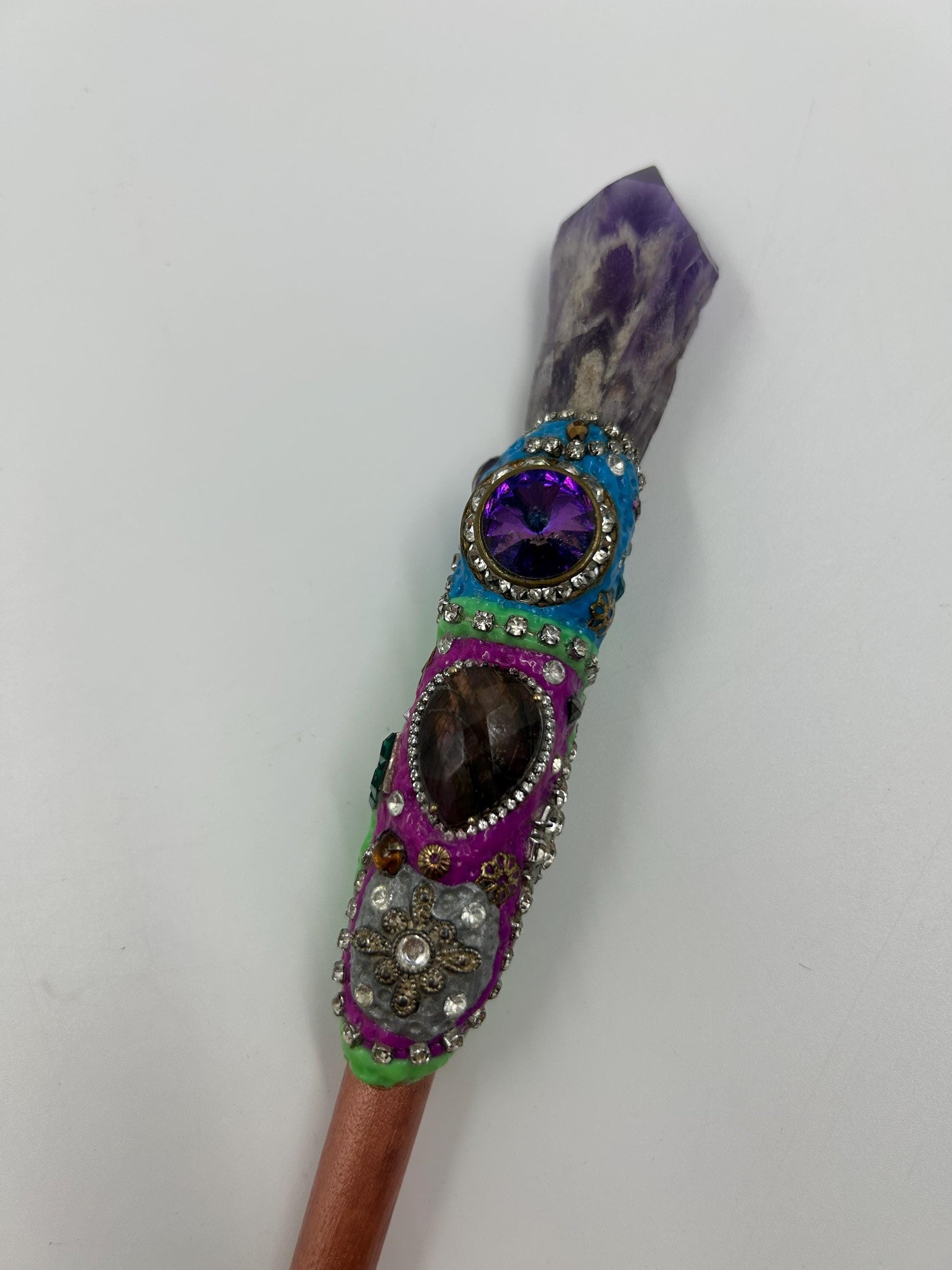 Magic Amethyst Crystal Wand | Upcycled Paintbrush Handle | Polymer Clay & Jewelry Embedded