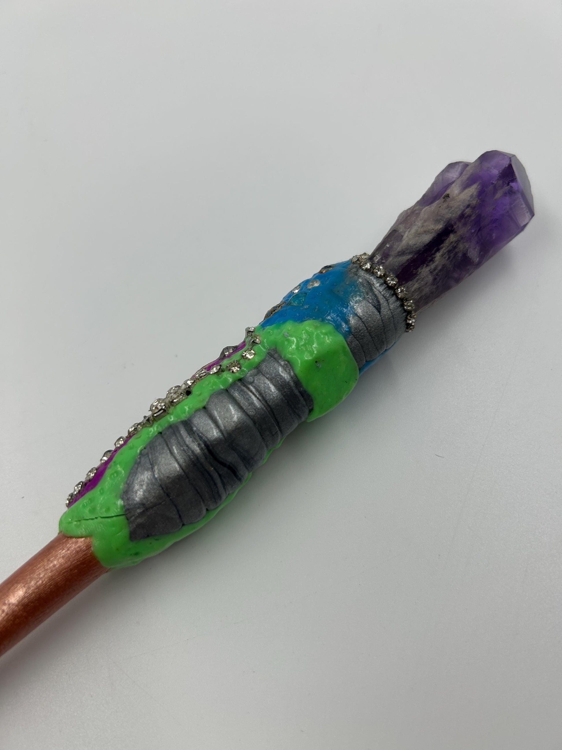 Magic Amethyst Crystal Wand | Upcycled Paintbrush Handle | Polymer Clay & Jewelry Embedded