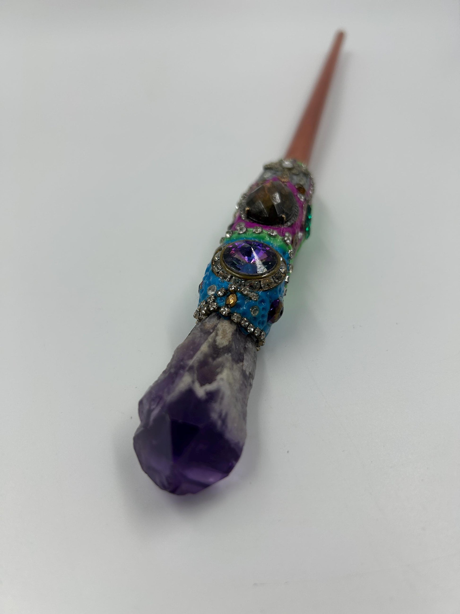 Magic Amethyst Crystal Wand | Upcycled Paintbrush Handle | Polymer Clay & Jewelry Embedded