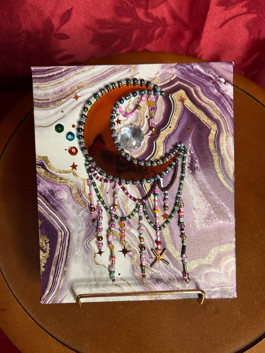 Moon Catcher Canvas | Bead & Sequin Embroidered Vinyl Moon Art | Handmade Wall Decor