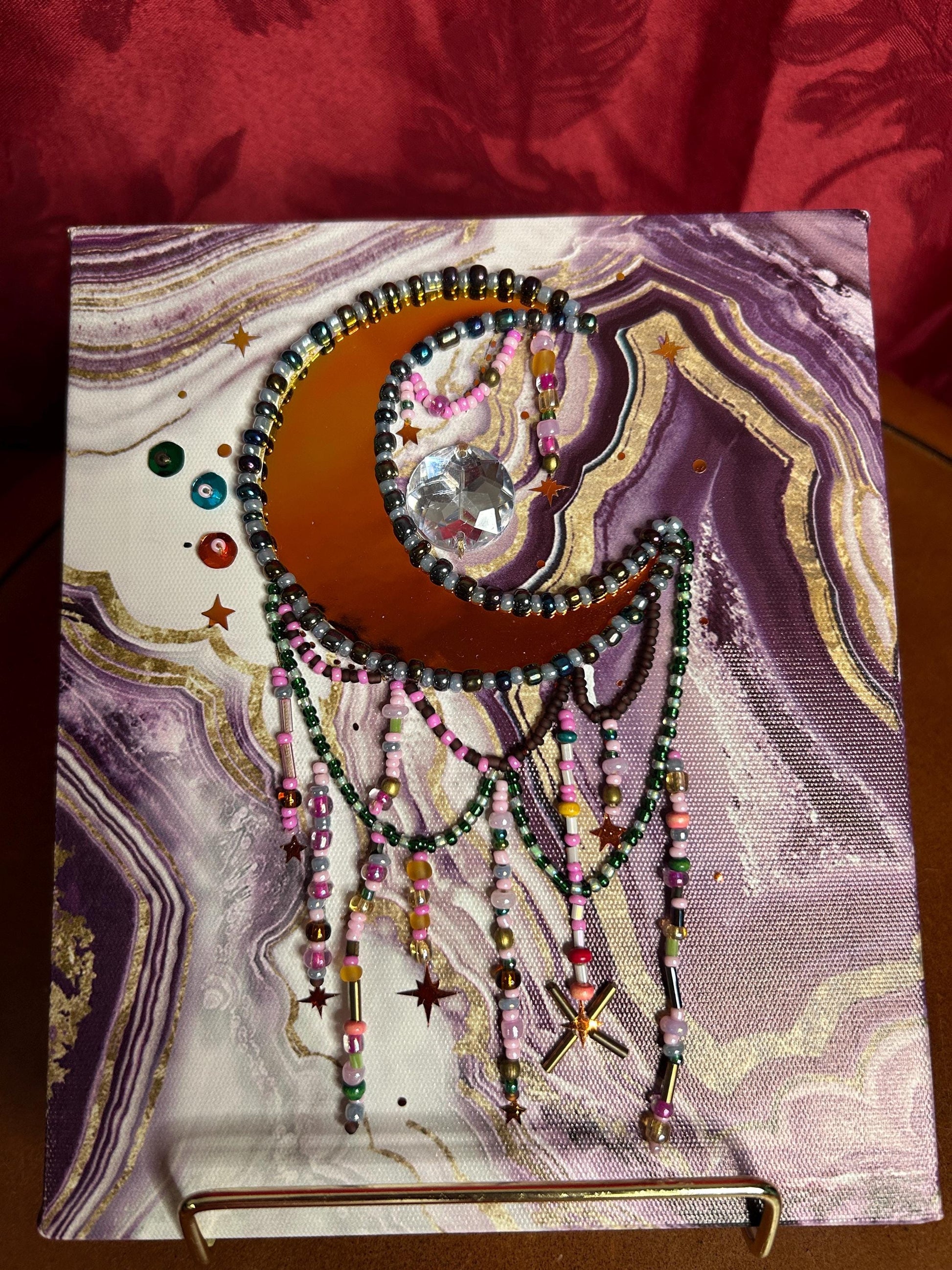Moon Catcher Canvas | Bead & Sequin Embroidered Vinyl Moon Art | Handmade Wall Decor