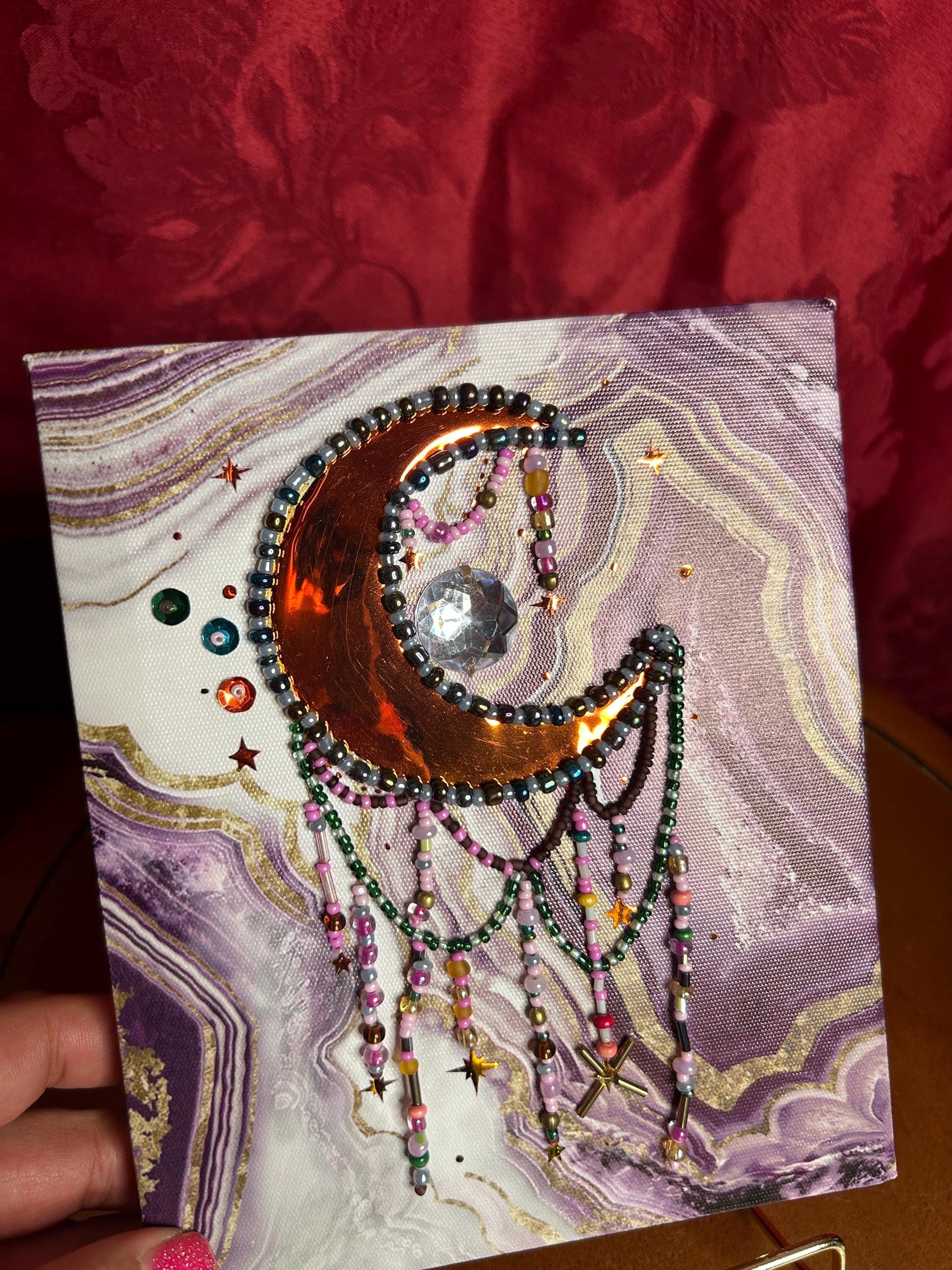 Moon Catcher Canvas | Bead & Sequin Embroidered Vinyl Moon Art | Handmade Wall Decor