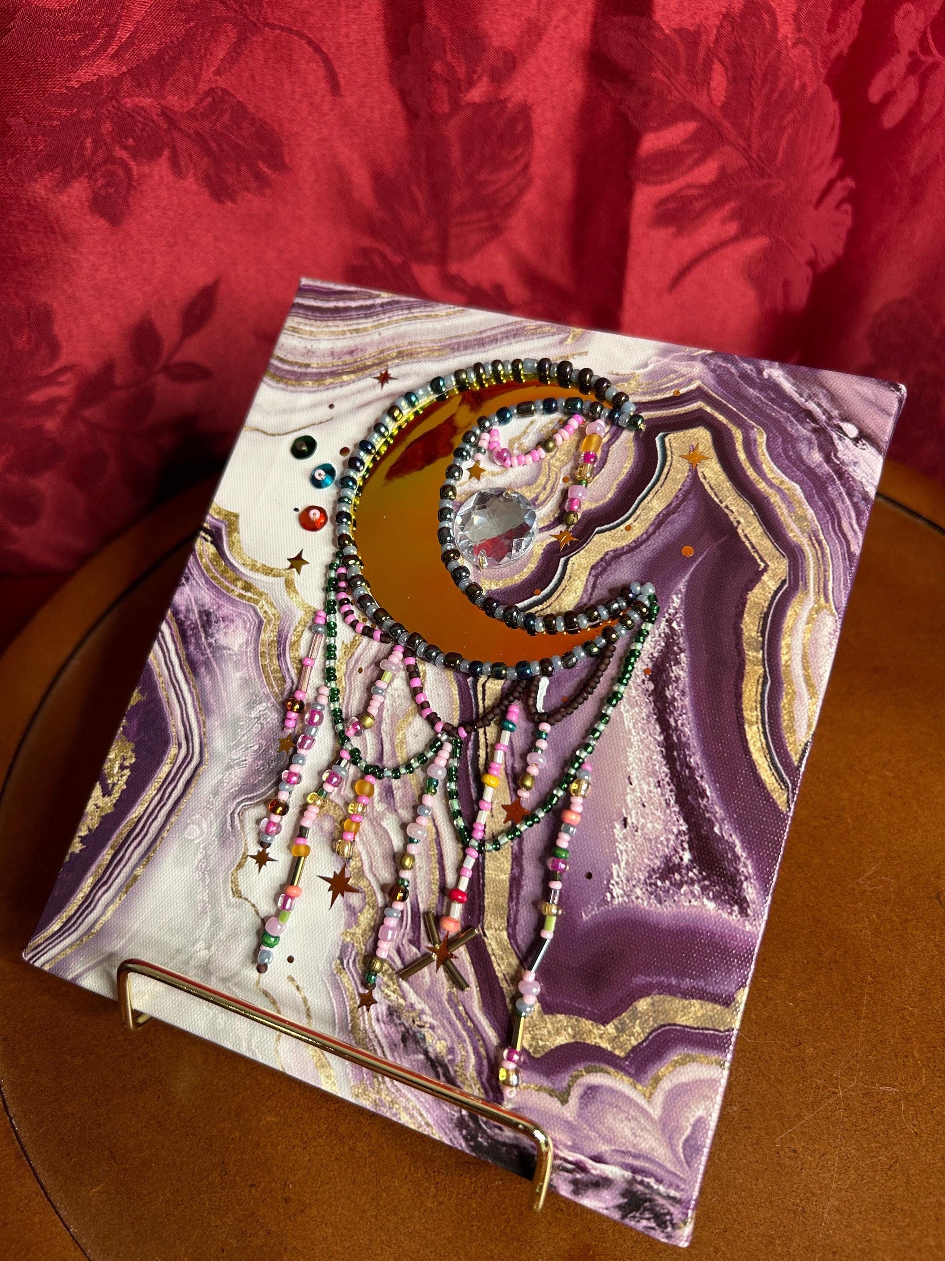 Moon Catcher Canvas | Bead & Sequin Embroidered Vinyl Moon Art | Handmade Wall Decor