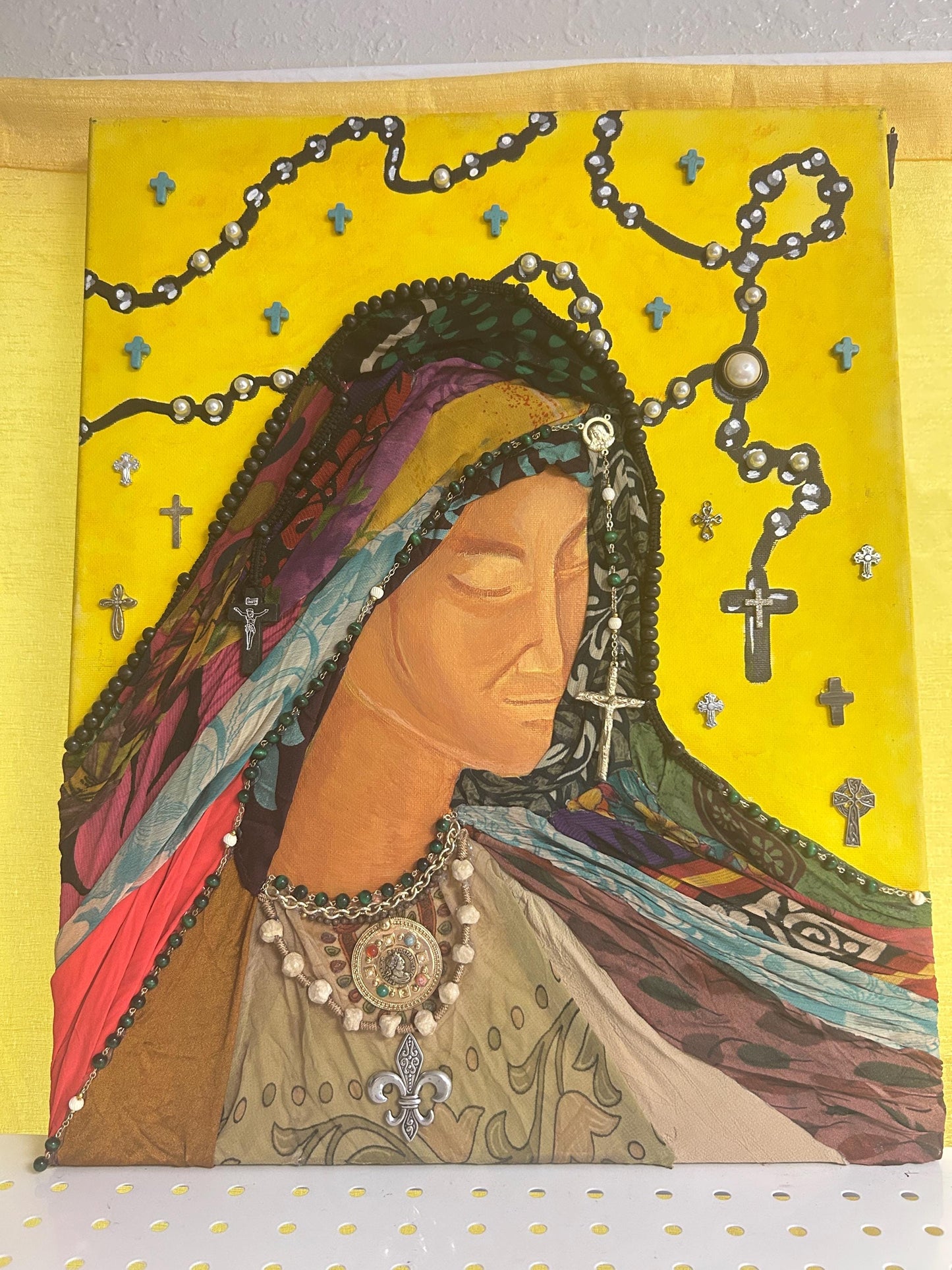Mother Mary Mixed Media Canvas | Hand-Painted Religious Art | Upcycled Fabric & Jewelry
