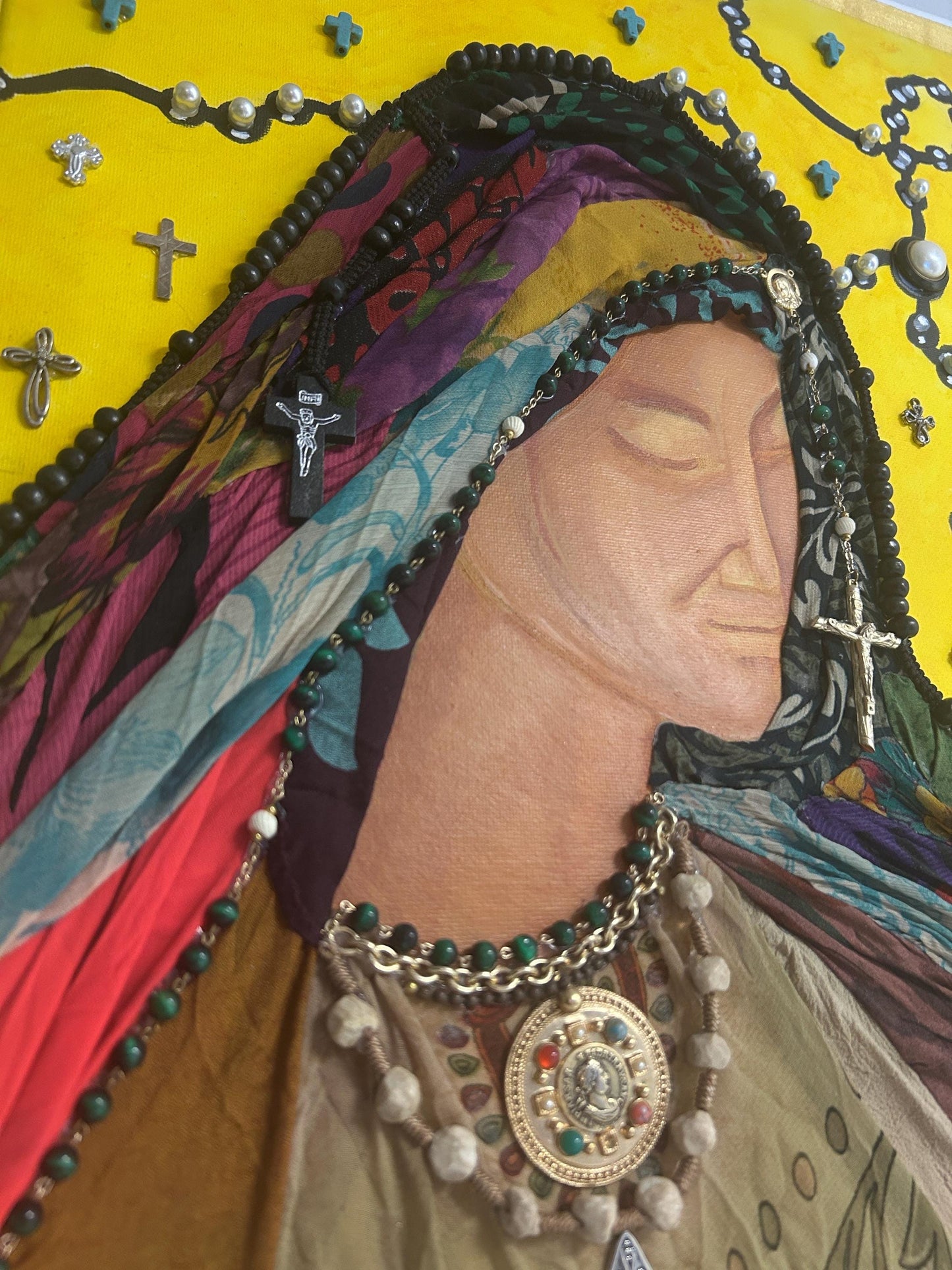 Mother Mary Mixed Media Canvas | Hand-Painted Religious Art | Upcycled Fabric & Jewelry