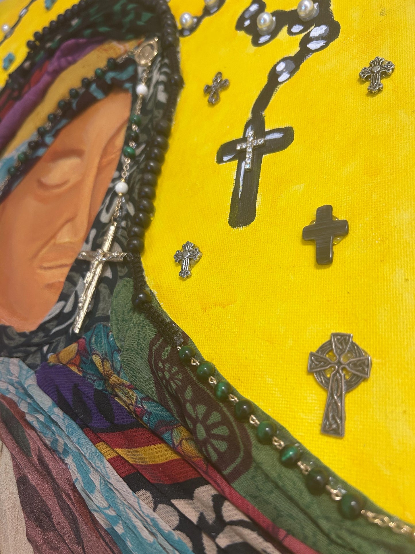 Mother Mary Mixed Media Canvas | Hand-Painted Religious Art | Upcycled Fabric & Jewelry