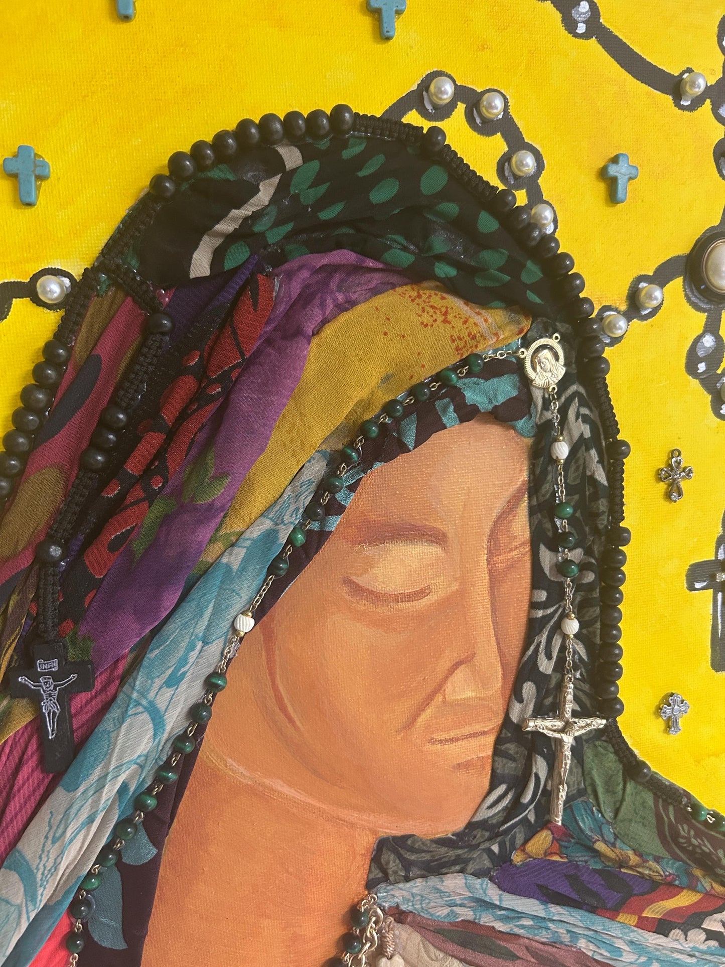 Mother Mary Mixed Media Canvas | Hand-Painted Religious Art | Upcycled Fabric & Jewelry