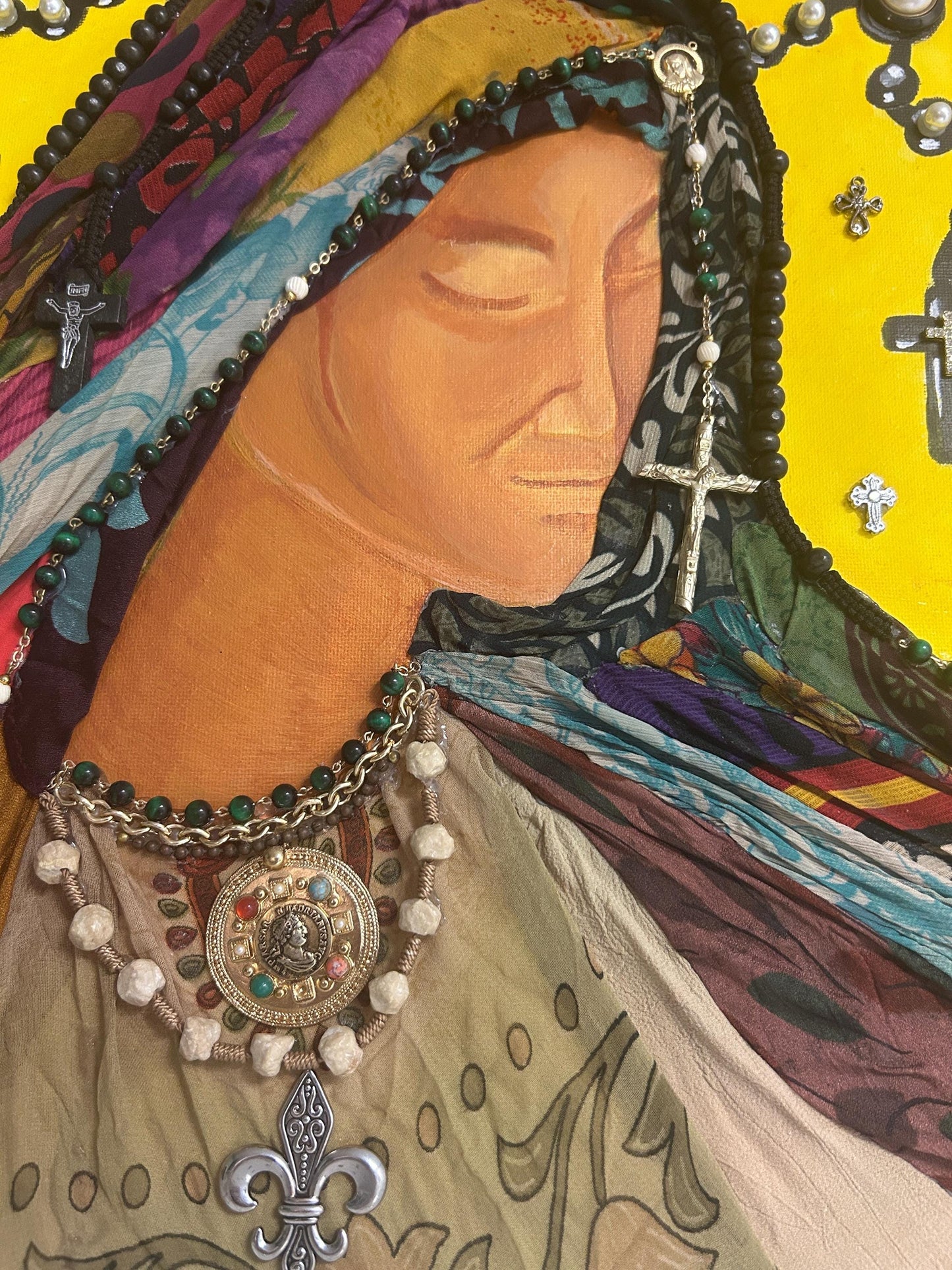 Mother Mary Mixed Media Canvas | Hand-Painted Religious Art | Upcycled Fabric & Jewelry
