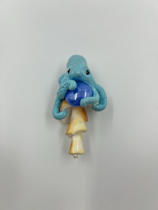 Octopus Sculpture – Handmade polymer clay octopus on seashell holding orb. Whimsical ocean art décor & sea lover gift.