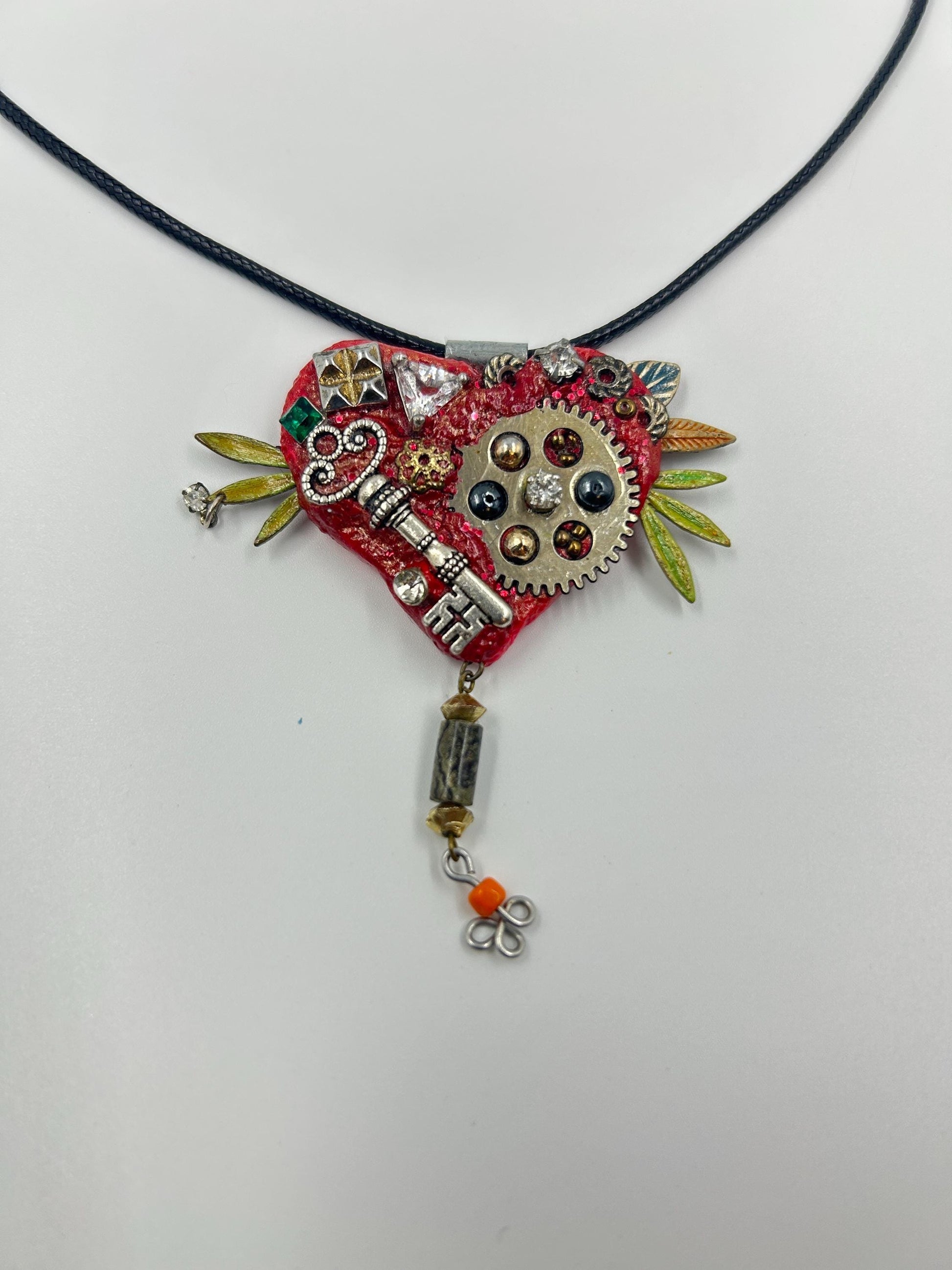 Steampunk Heart Key Necklace – Handmade Mixed Media Pendant