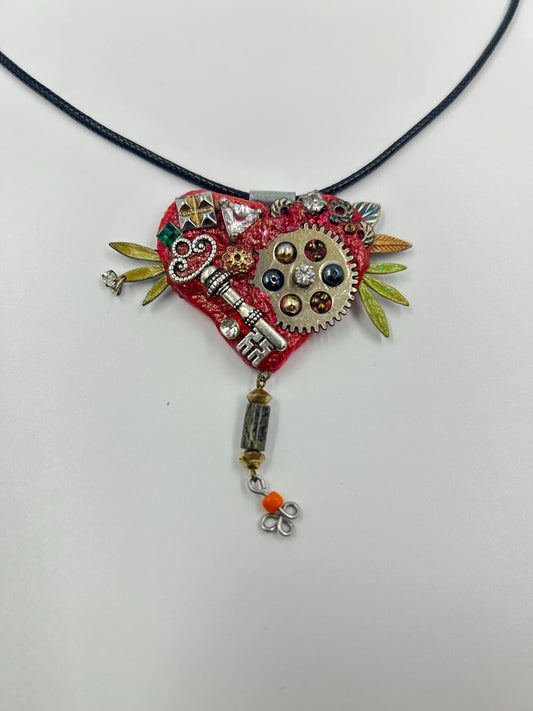 Steampunk Heart Key Necklace – Handmade Mixed Media Pendant