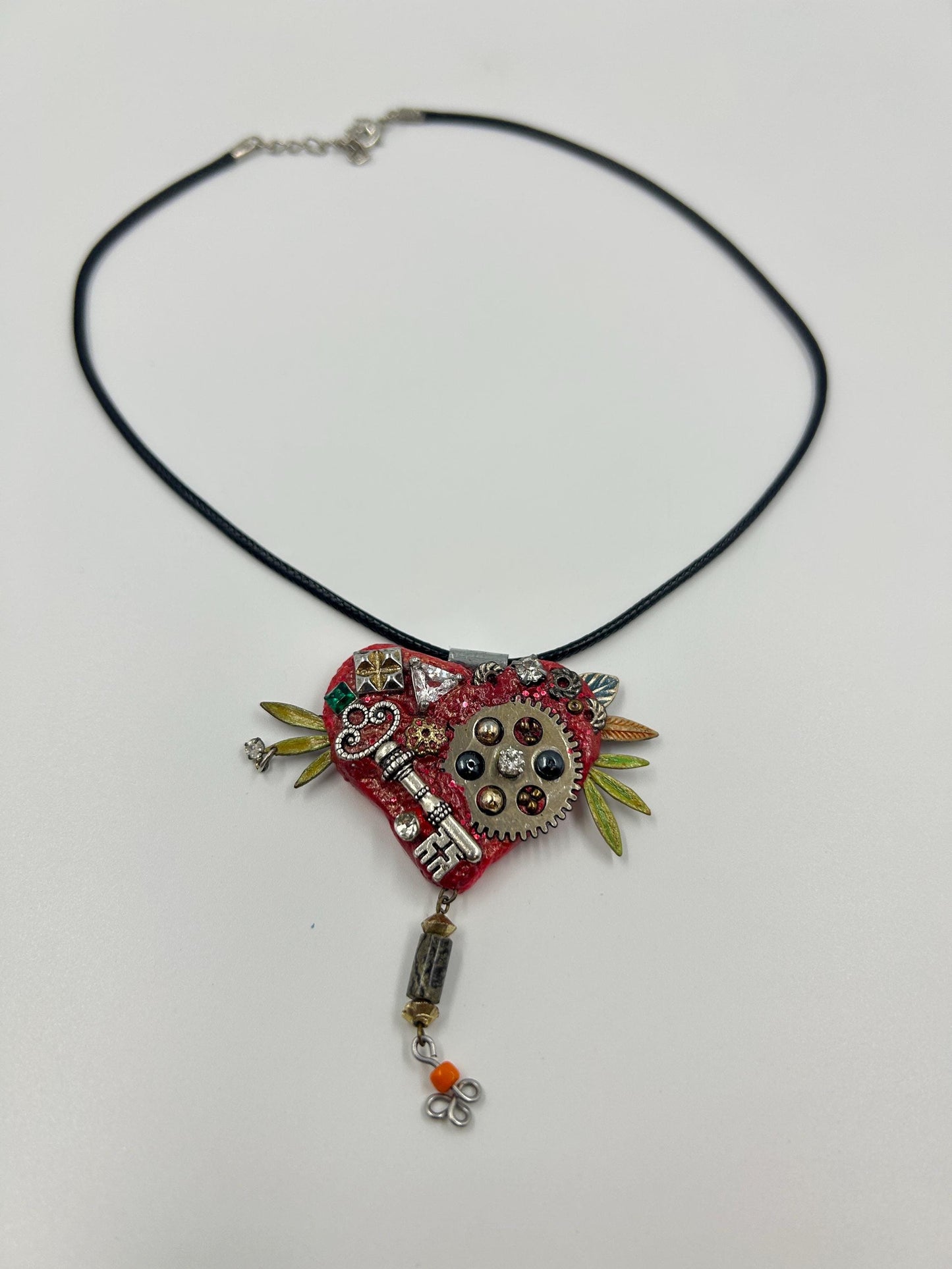 Steampunk Heart Key Necklace – Handmade Mixed Media Pendant