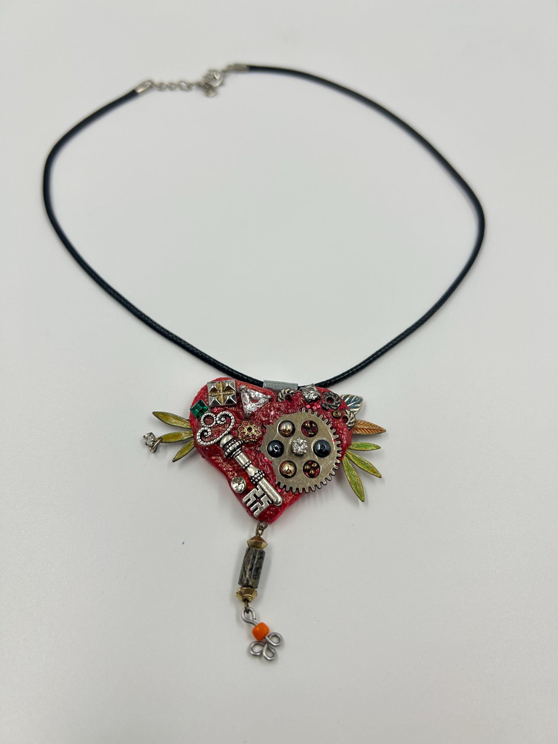 Steampunk Heart Key Necklace – Handmade Mixed Media Pendant