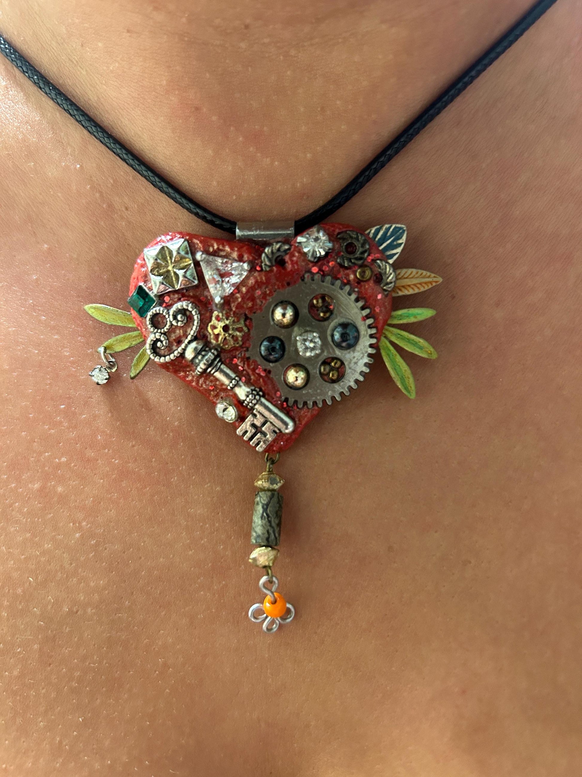 Steampunk Heart Key Necklace – Handmade Mixed Media Pendant