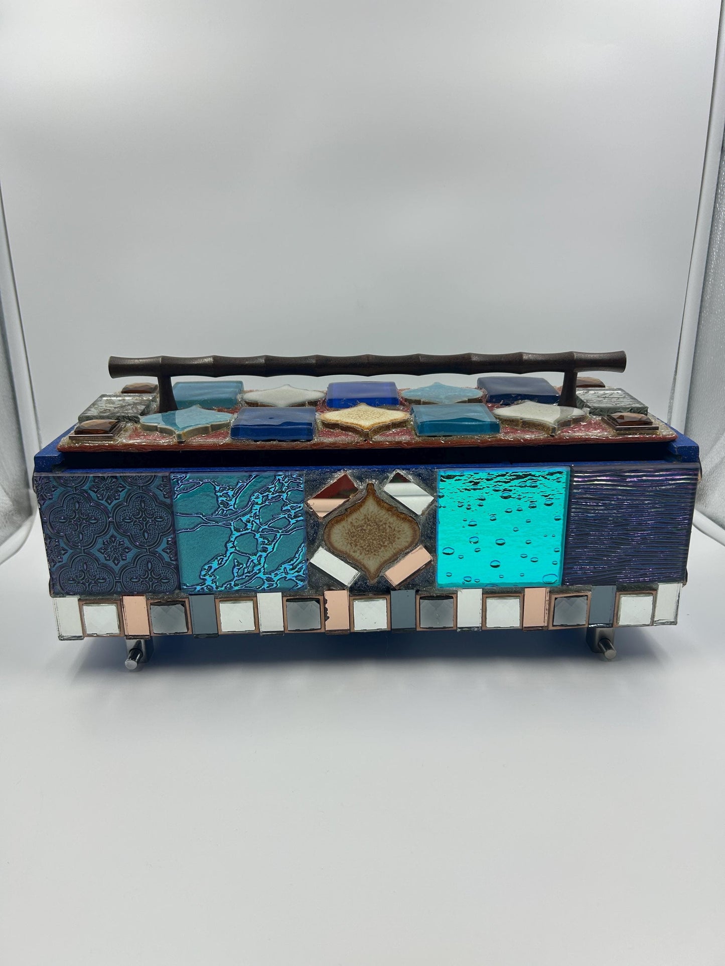 Upcycled Wine Box Keepsake Chest | Stained Glass Mosaic Decor