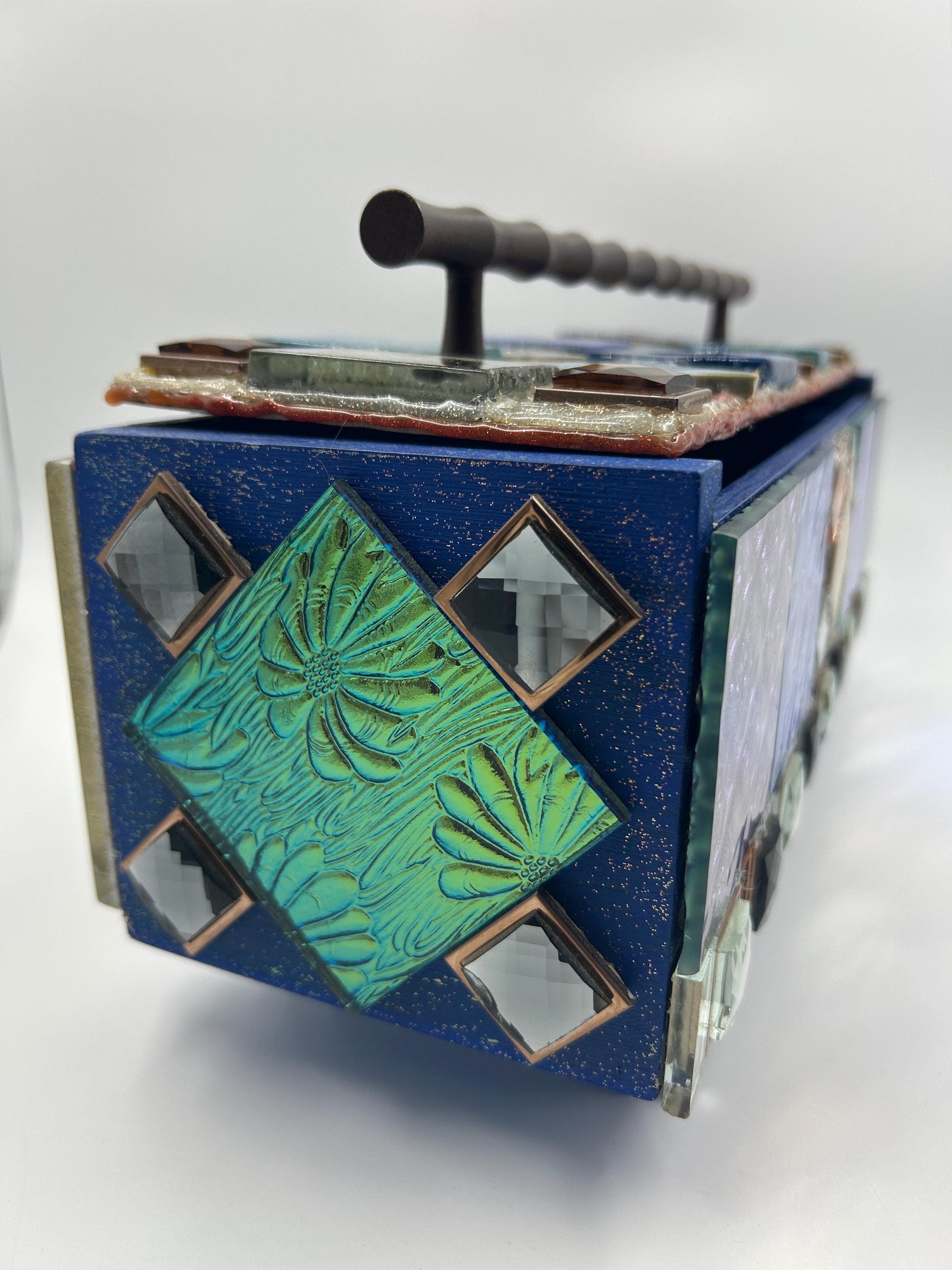 Upcycled Wine Box Keepsake Chest | Stained Glass Mosaic Decor