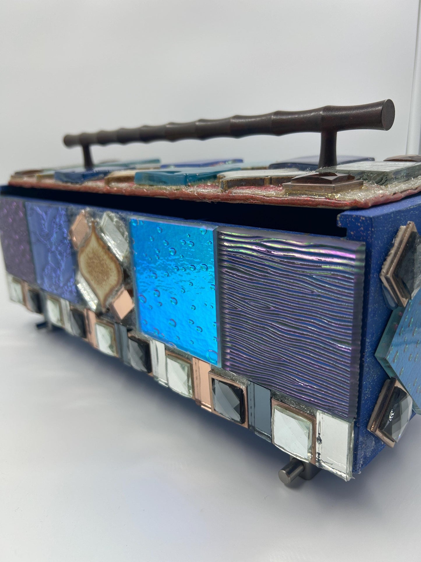Upcycled Wine Box Keepsake Chest | Stained Glass Mosaic Decor